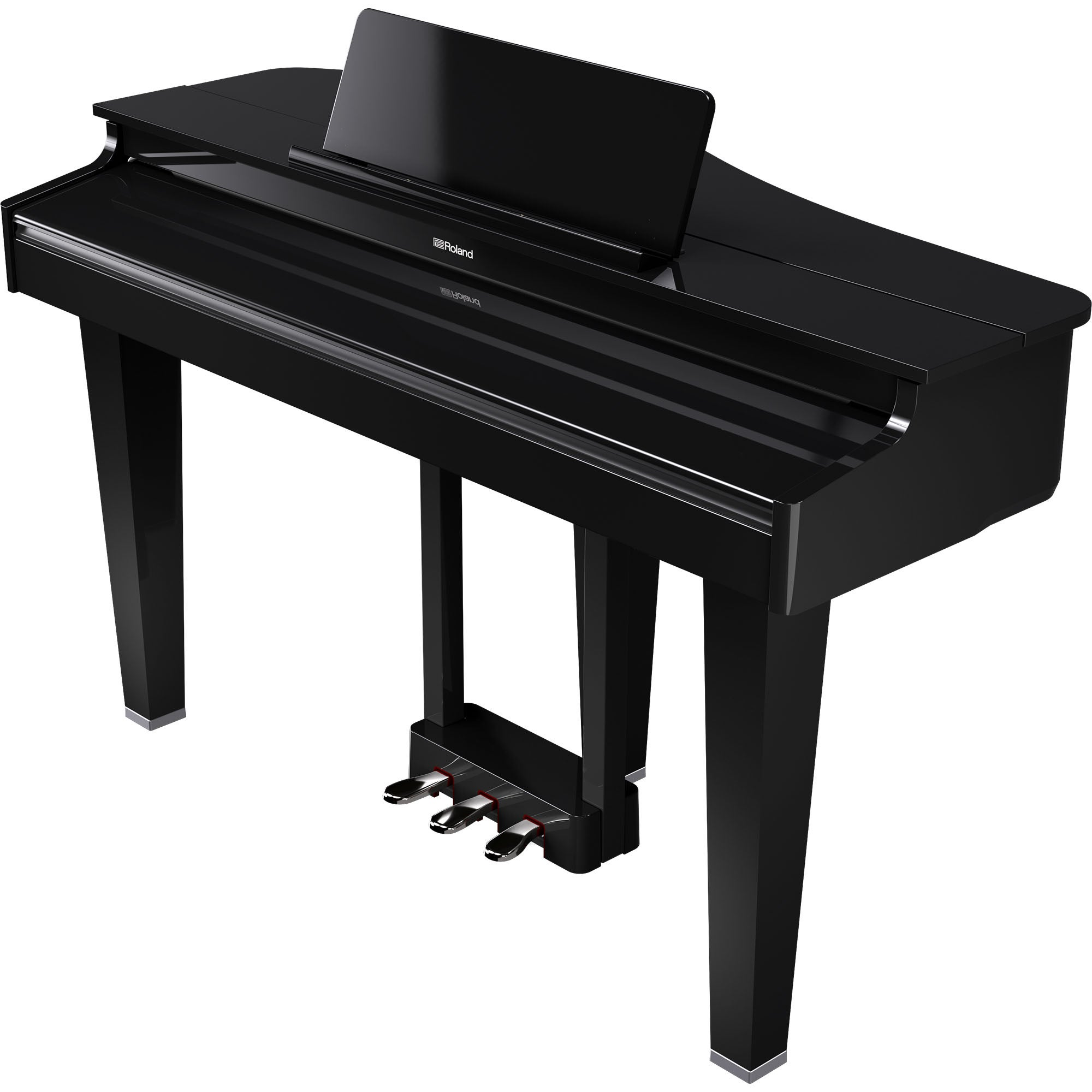 Een glanzend zwarte digitale piano met drie pedalen en muziekstandaard.