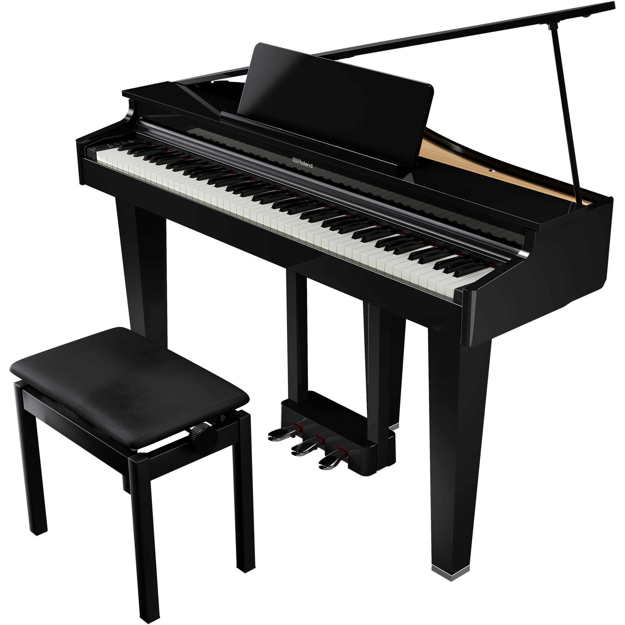 Een zwarte digitale piano met muziekstandaard en kruk.