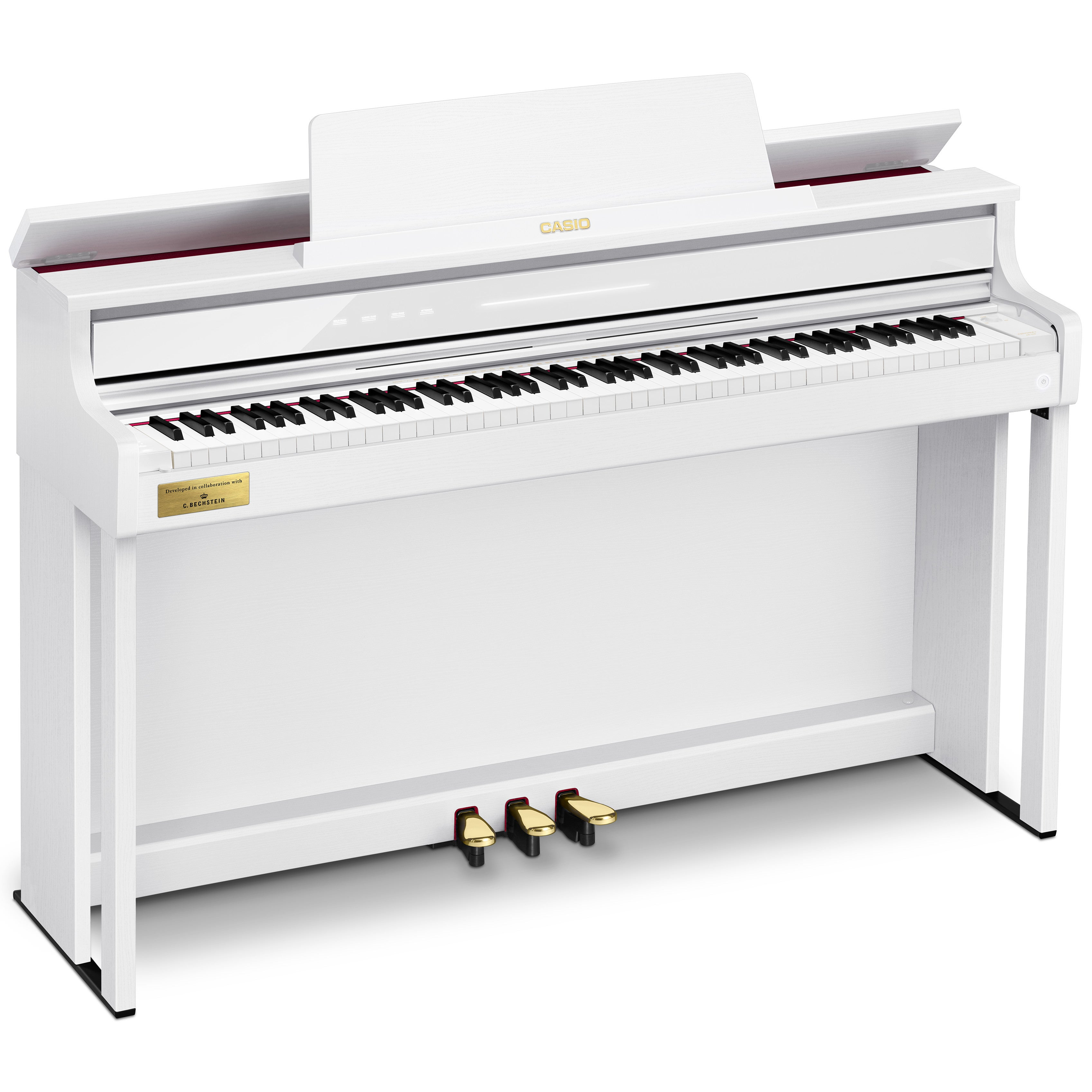 Un piano numérique Casio blanc avec des touches noires et trois pédales dorées.