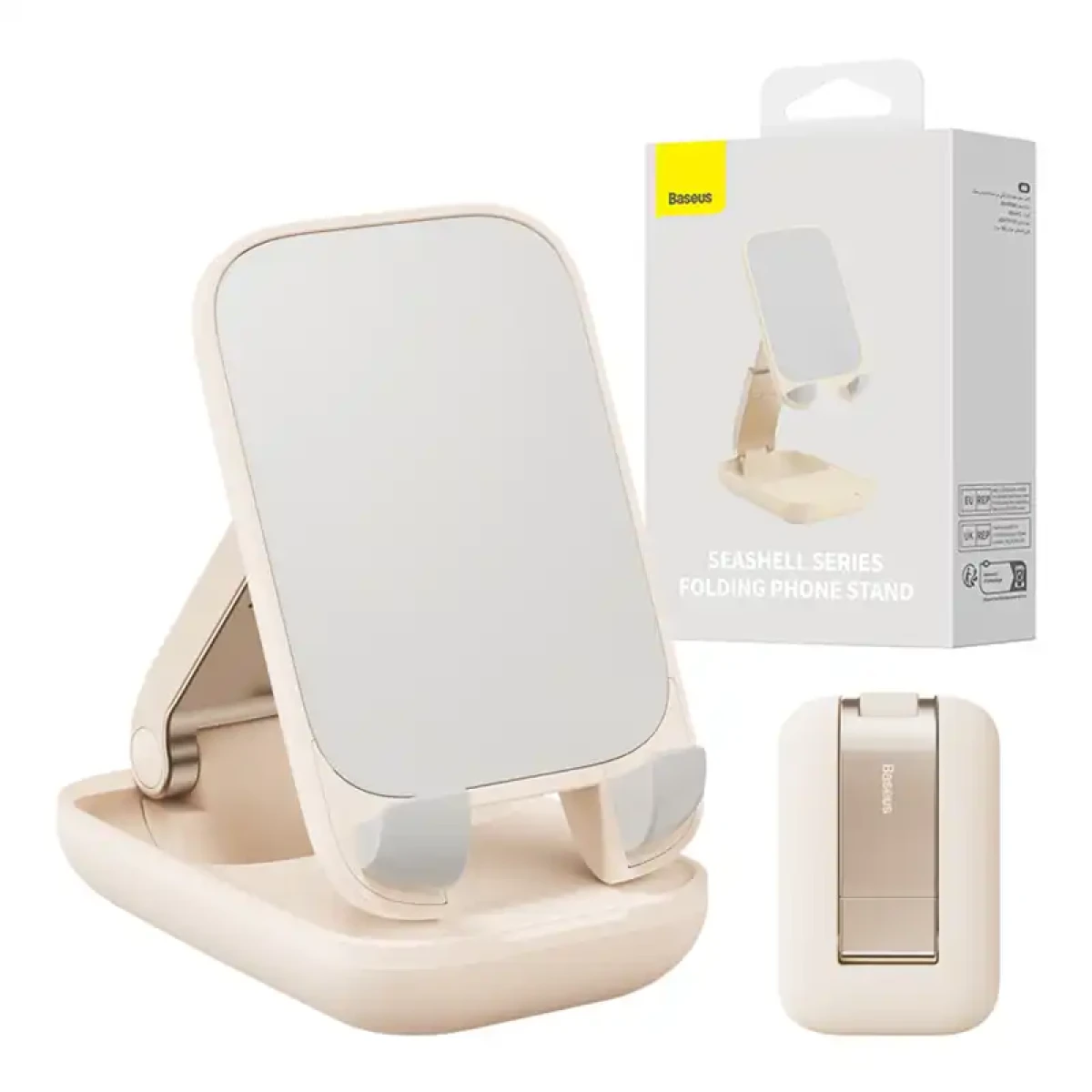 Ein beigefarbener, faltbarer Handy-Ständer mit Verpackung und zusammengeklappter Einheit.