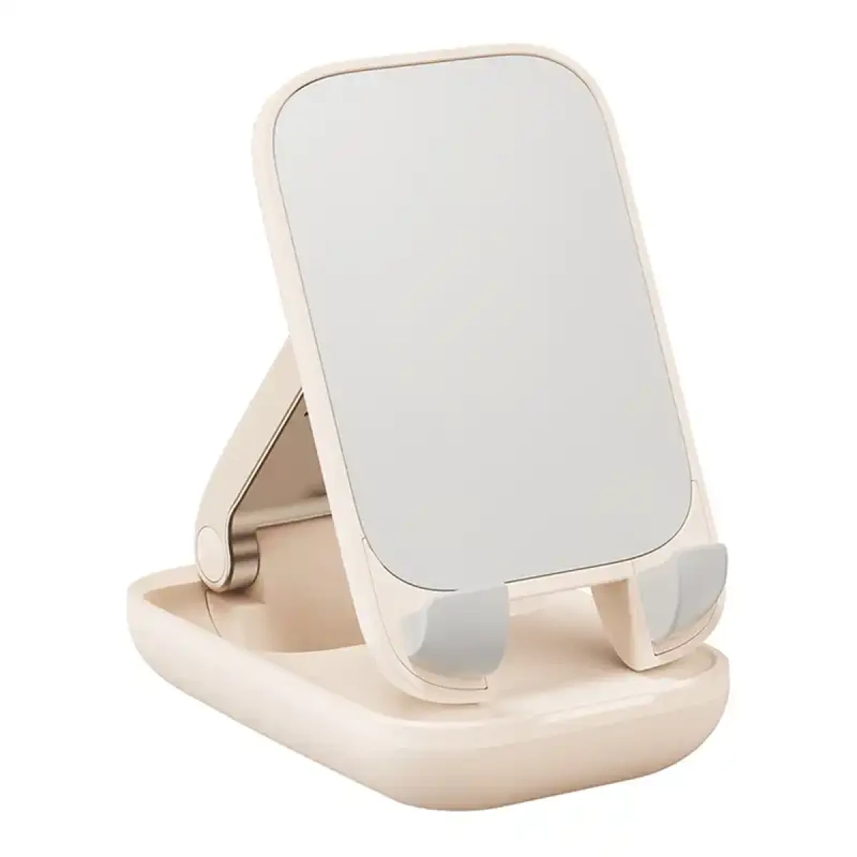 Ein kompakter, aufklappbarer Spiegelständer in Beige mit silbernen Gelenken.