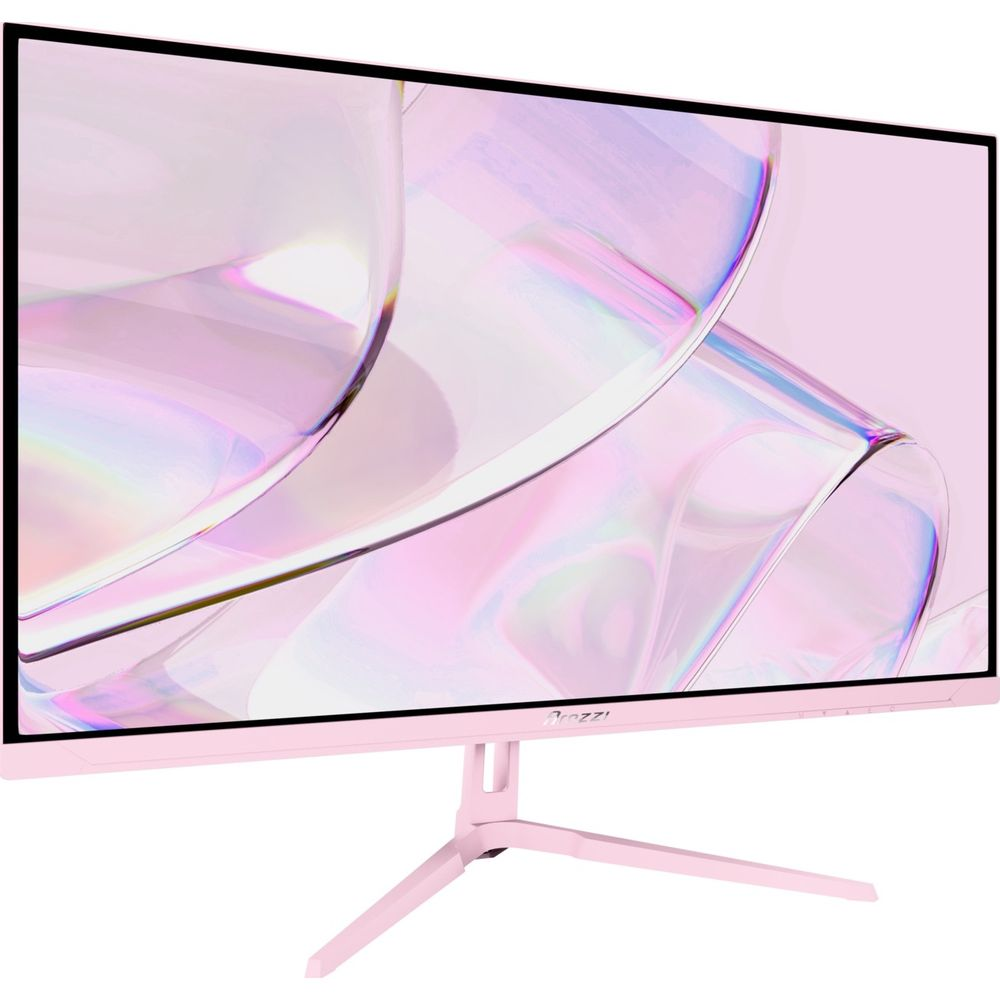 Różowy monitor z abstrakcyjnym, błyszczącym wzorem na ekranie.