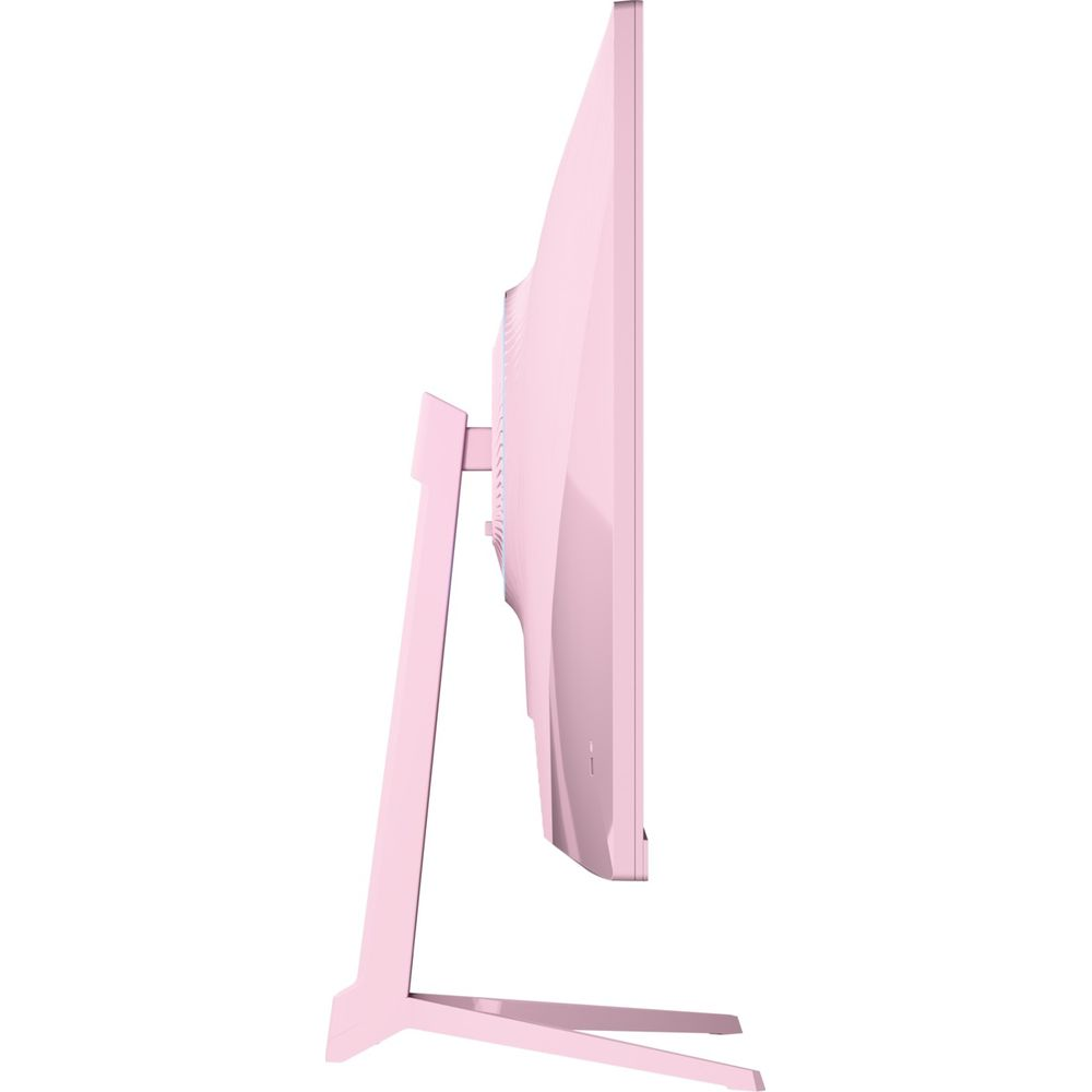 Różowy monitor komputerowy z eleganckim stojakiem, widziany z boku.