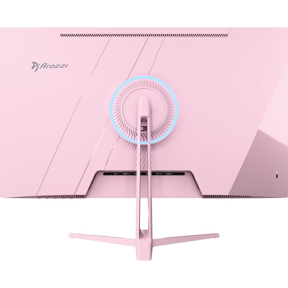 Różowy stojak monitora Arozzi z portami. Podświetlany pierścień z tyłu.