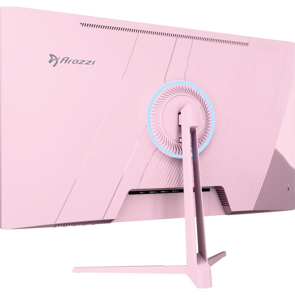 Tył różowego monitora z logo Arozzi i niebieskim podświetlanym wentylatorem.