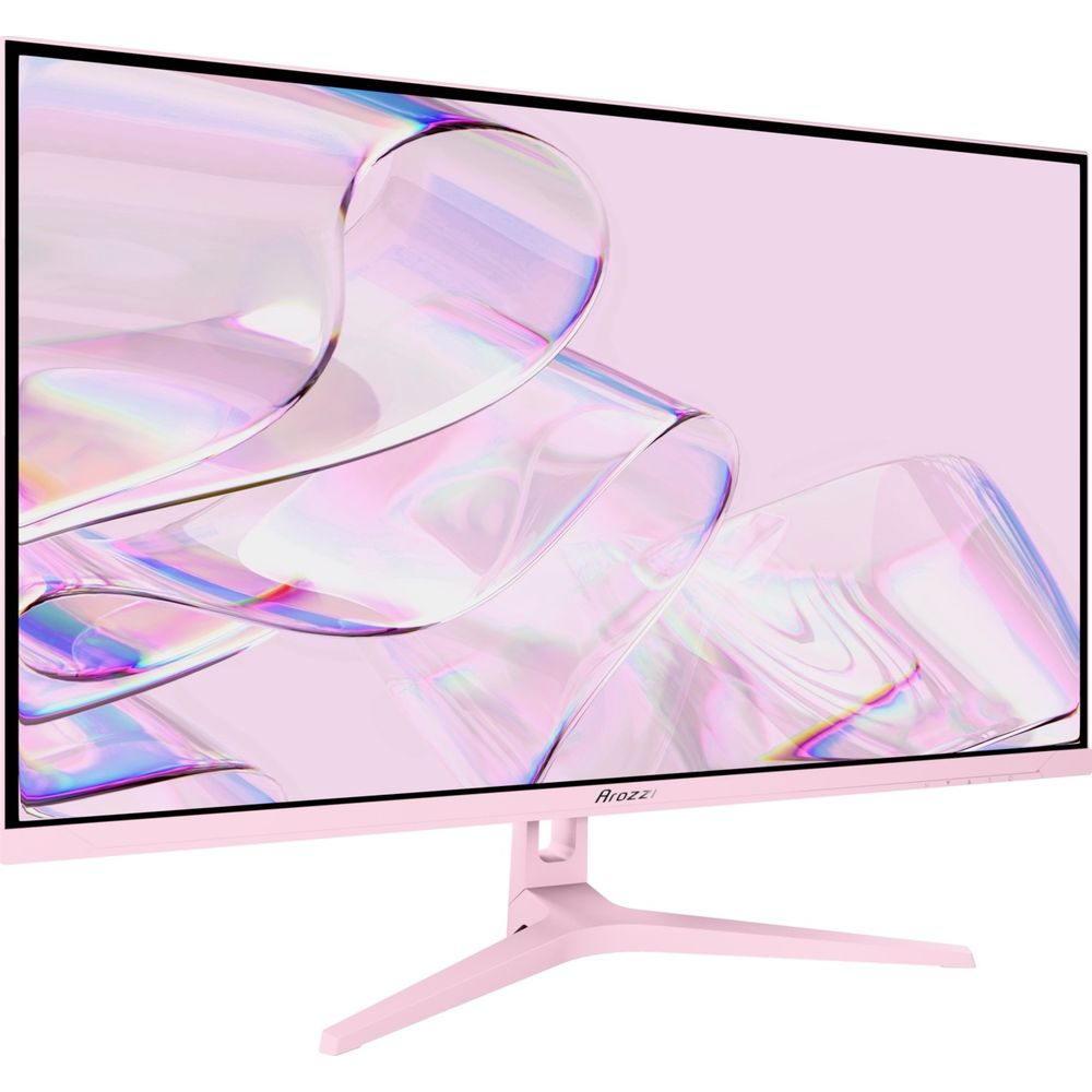 Różowy monitor z abstrakcyjnym, opalizującym tłem.