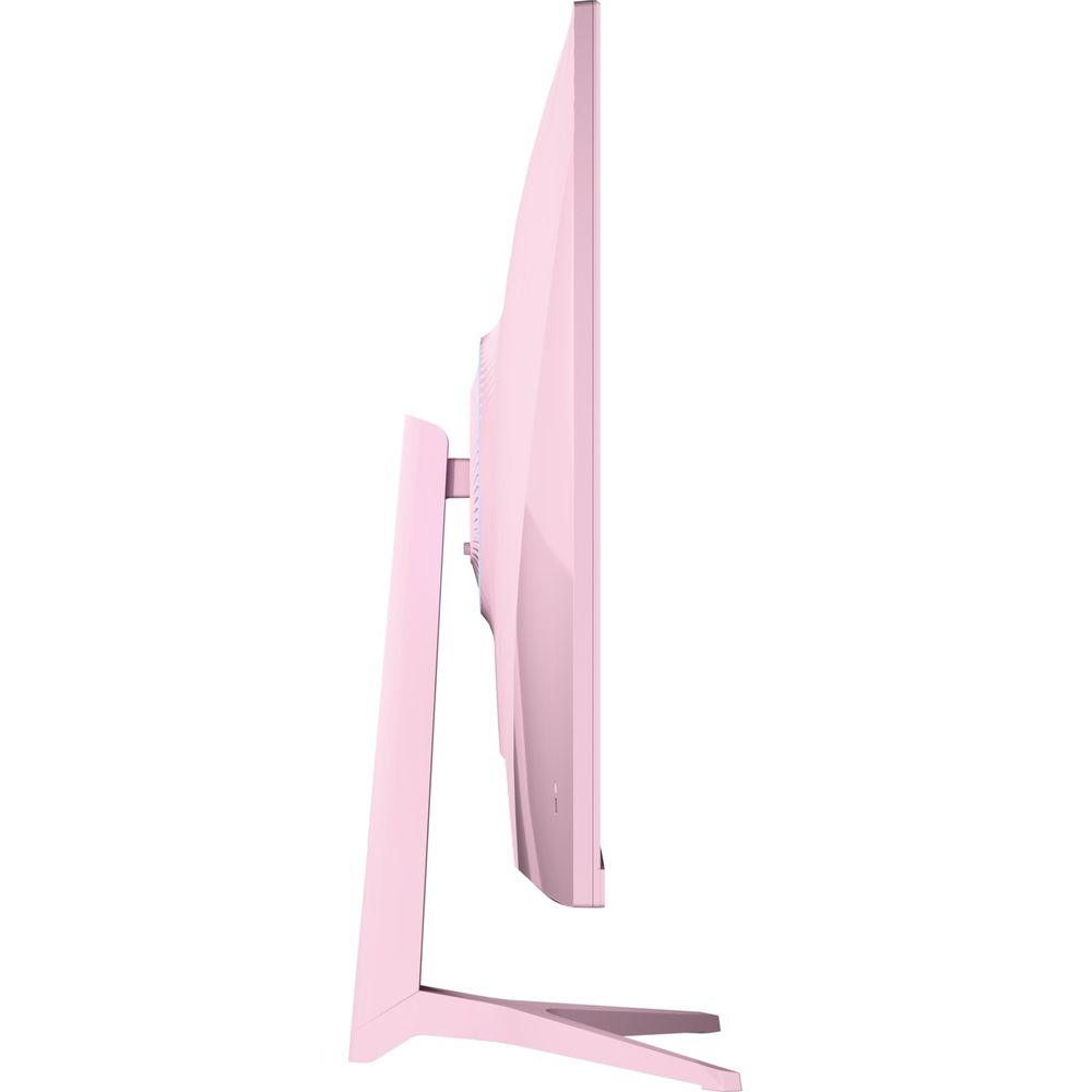 Różowy monitor komputerowy widziany z boku, z eleganckim stojakiem.