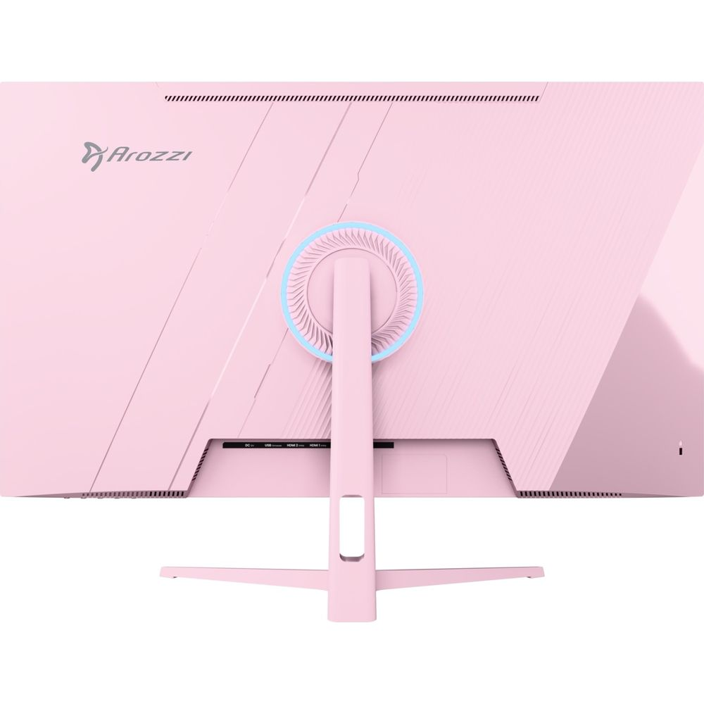 Tył różowego monitora ze stojakiem i portami.