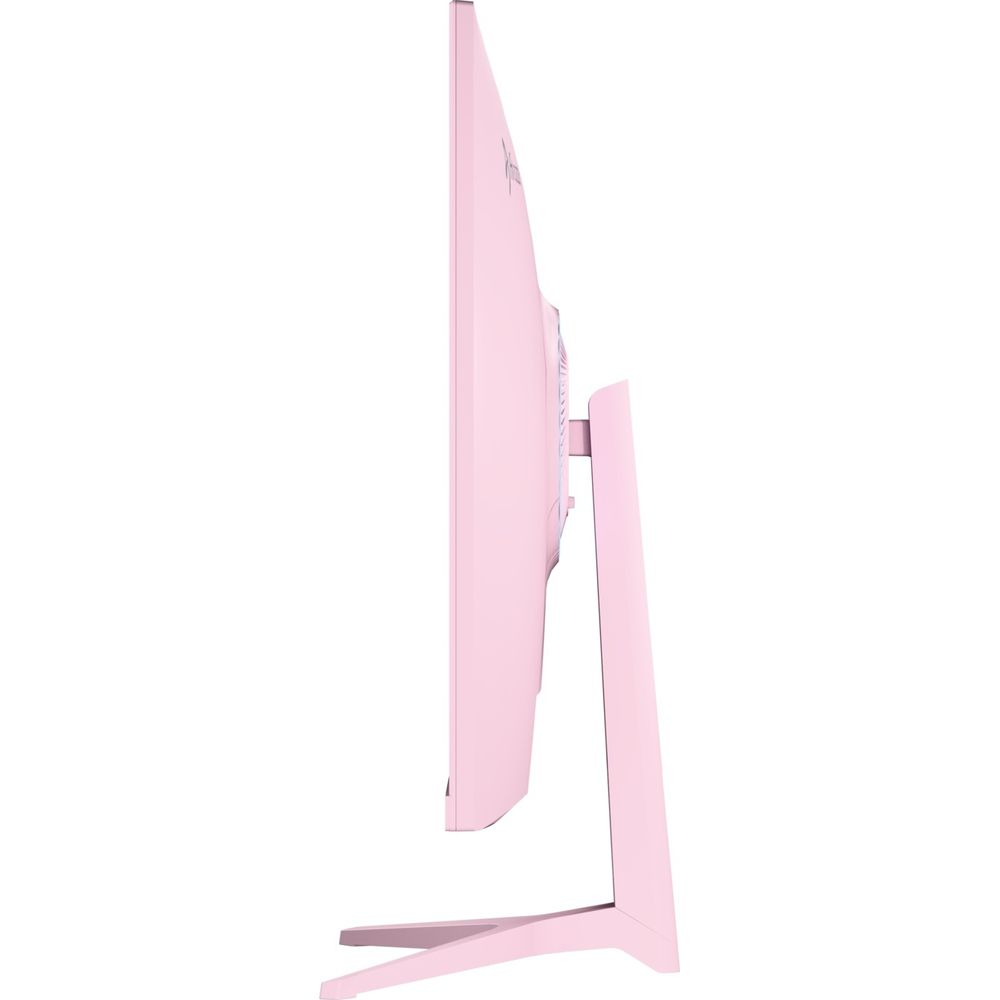 Różowy monitor komputerowy ze stojakiem, widziany z boku.