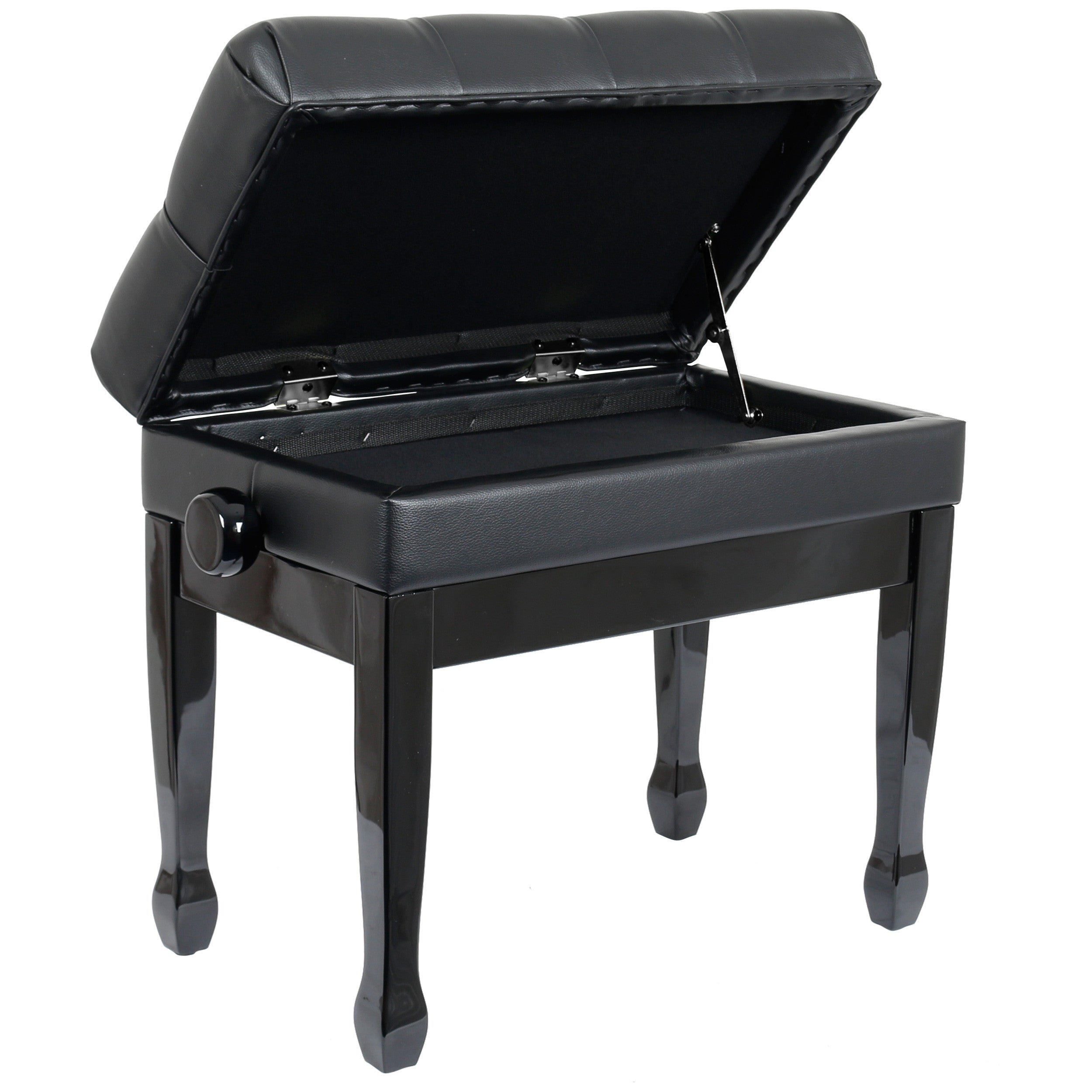 Black piano bench with a hinged seat revealing storage space inside.