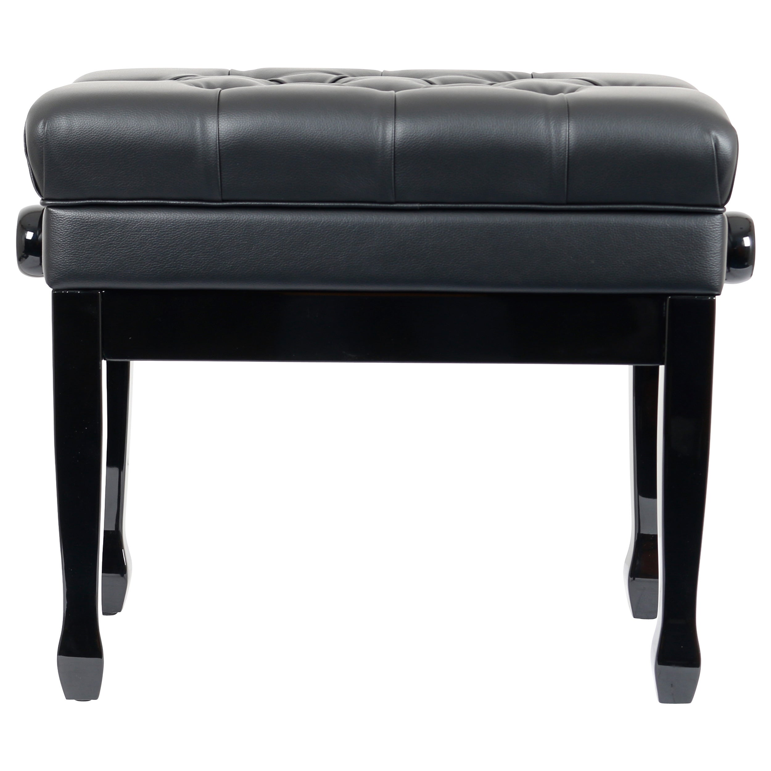 A black tufted leather bench with glossy wooden legs and turned accents.