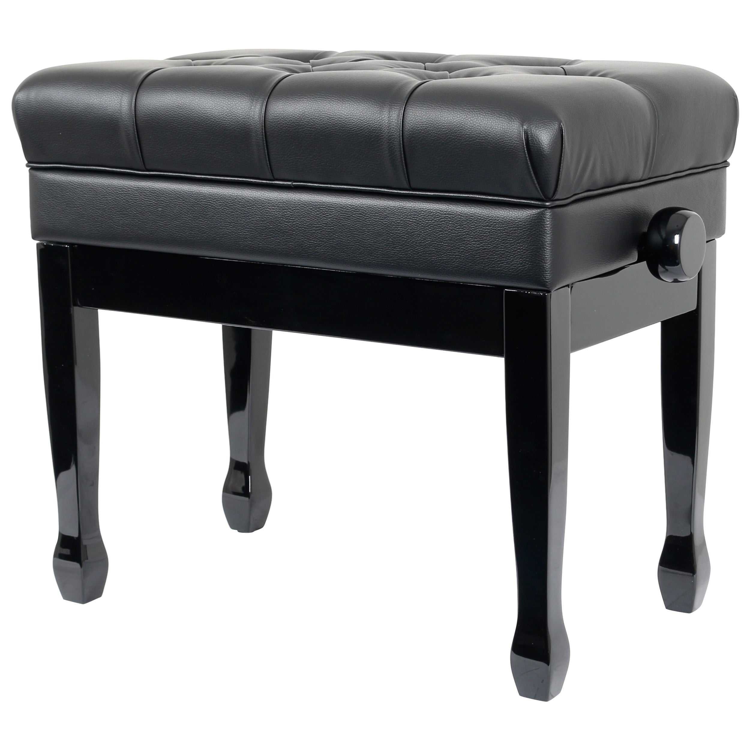 A black piano bench with a tufted seat and a height adjustment knob on the side.
