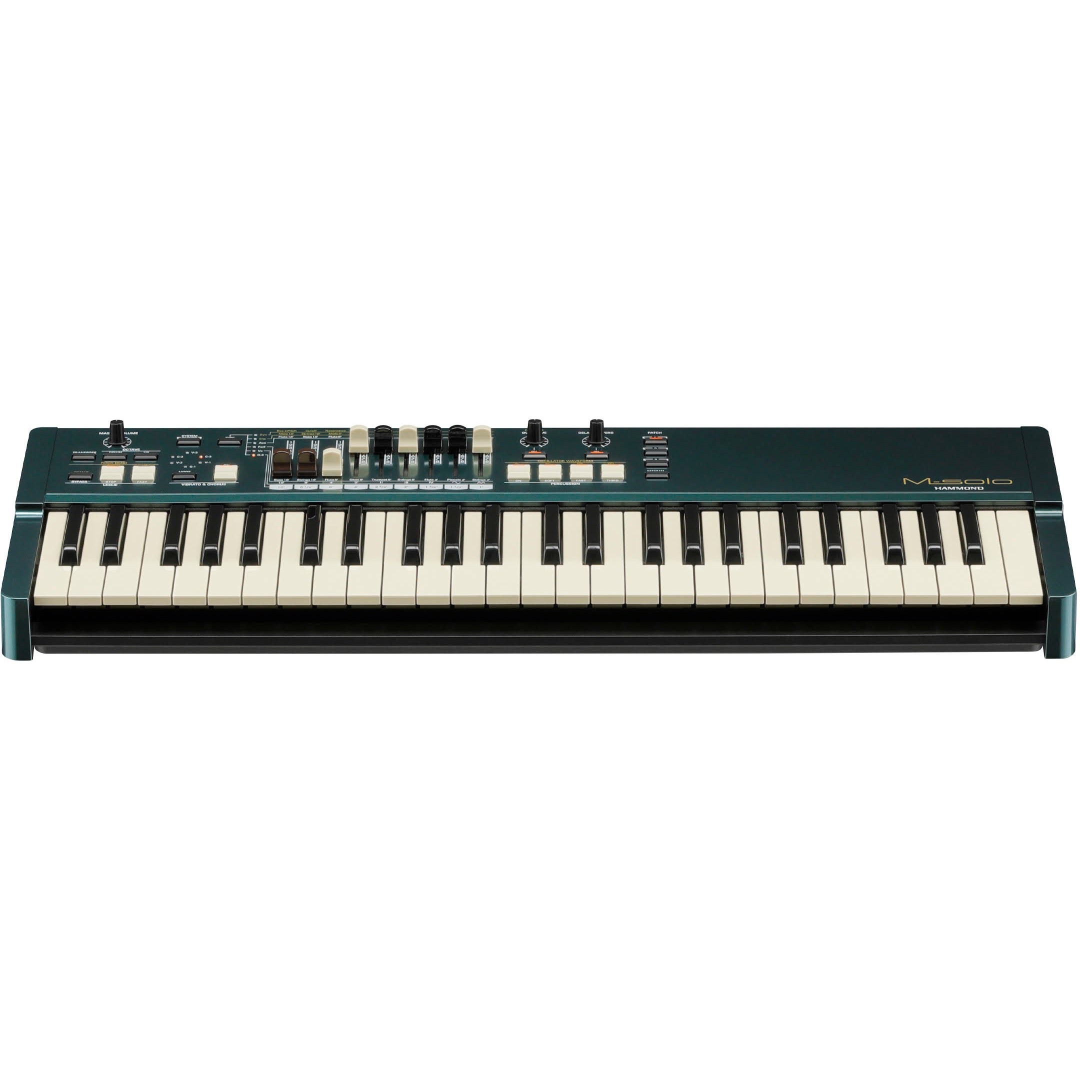 Een donkergroen keyboard met witte en zwarte toetsen, tegen een witte achtergrond.