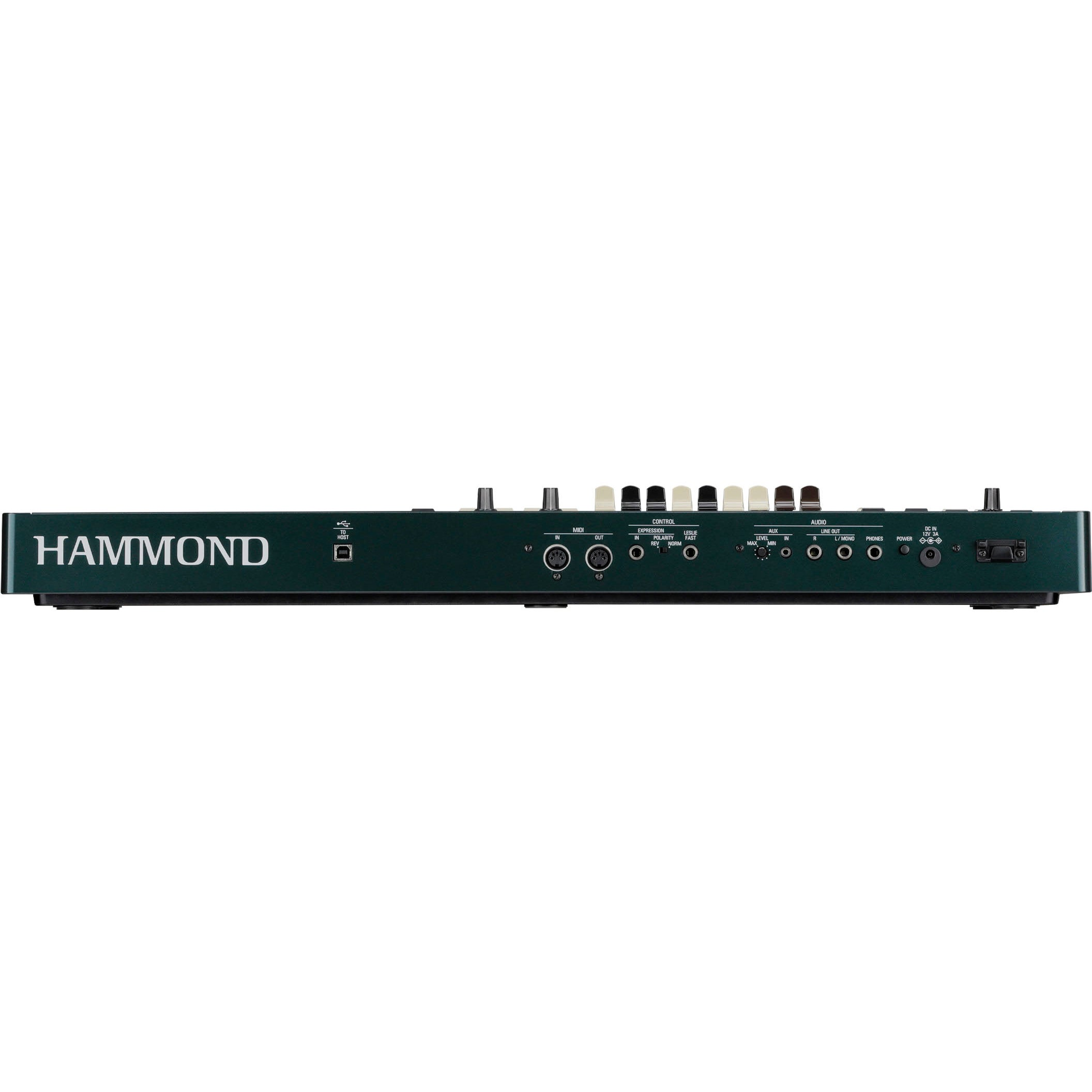 Achterkant van een groen Hammond-keyboard met poorten en labels. Inclusief MIDI en audio-aansluitingen.