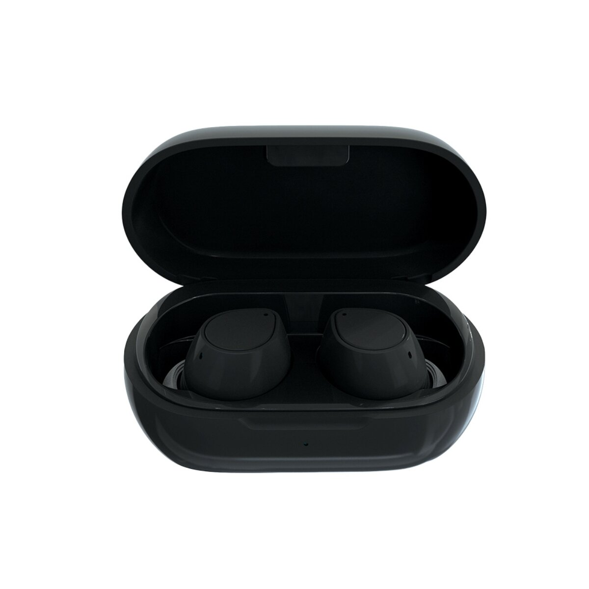 Auricolari wireless neri all'interno di una custodia di ricarica aperta.
