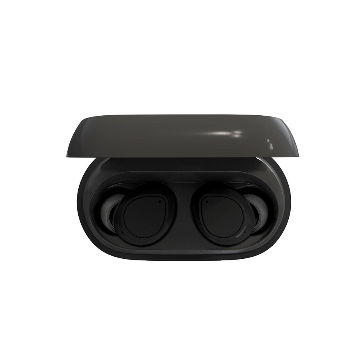 Auricolari wireless neri all'interno di una custodia di ricarica aperta.