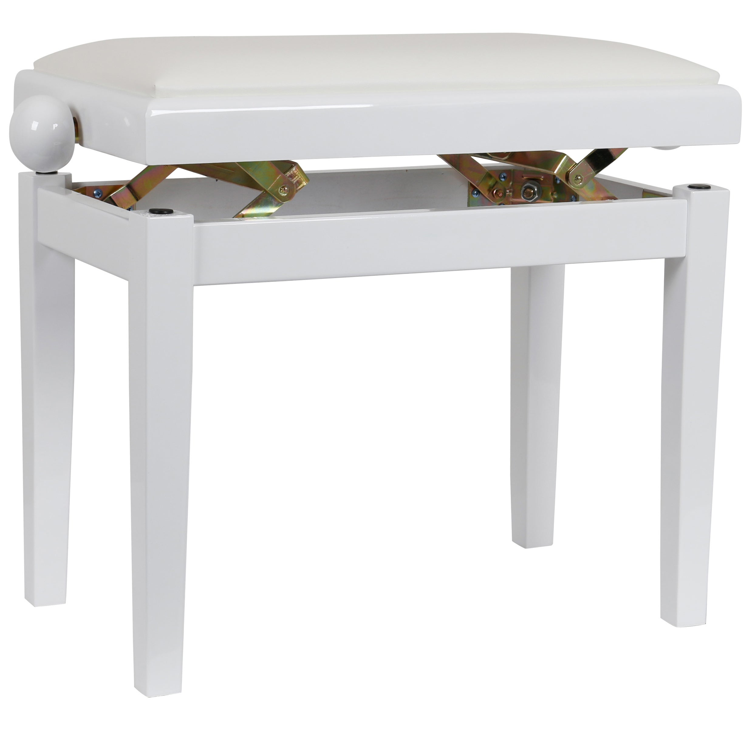 A white piano bench with adjustable height and a chrome mechanism.