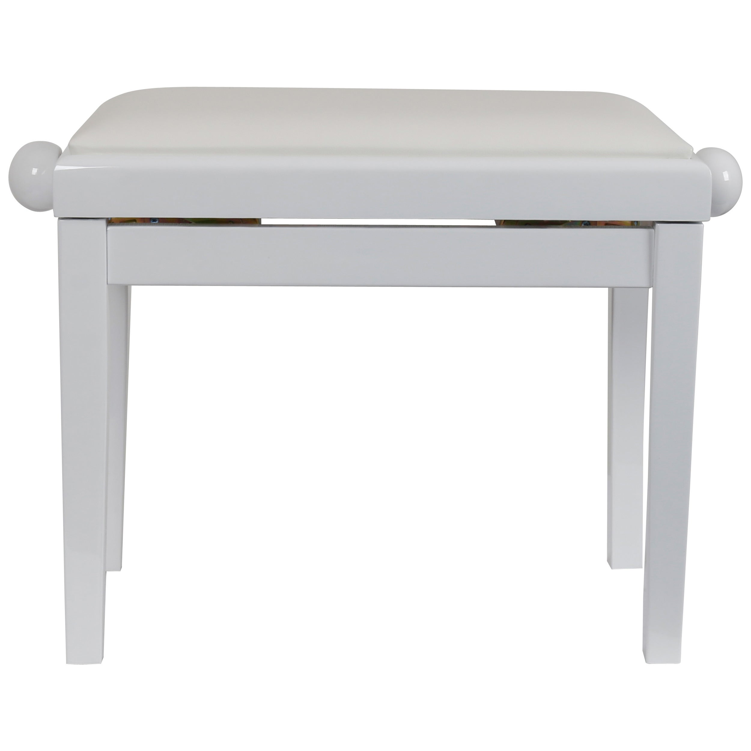 A white piano bench with a padded seat and four legs.