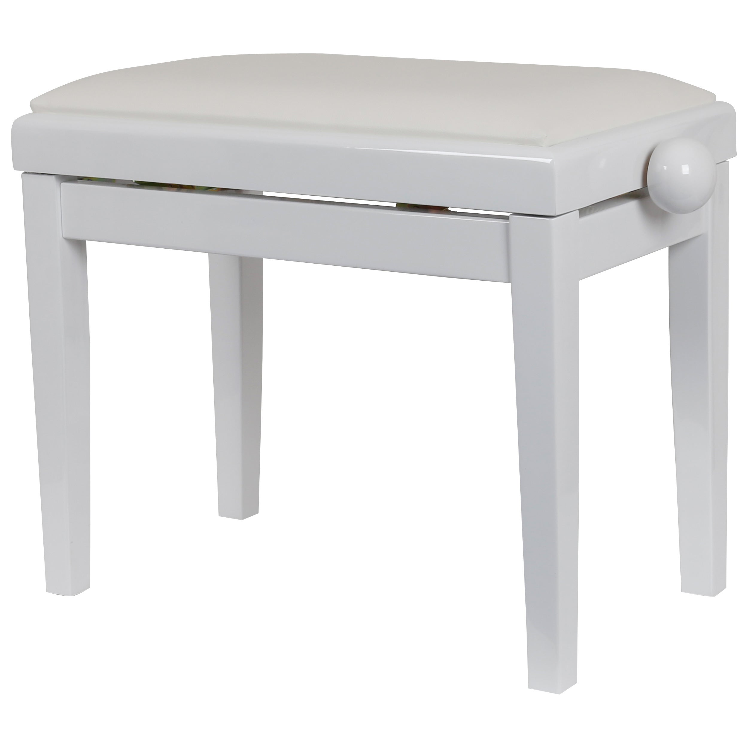 A white piano bench with a cushioned seat and a height-adjustment knob on the side.