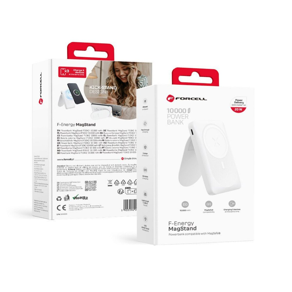 Verpackung für ein weißes 10000 mAh Powerbank-Ladegerät mit MagSafe.
