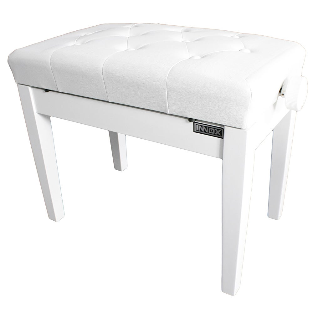 A white, tufted piano bench with a height adjustment knob on the side.