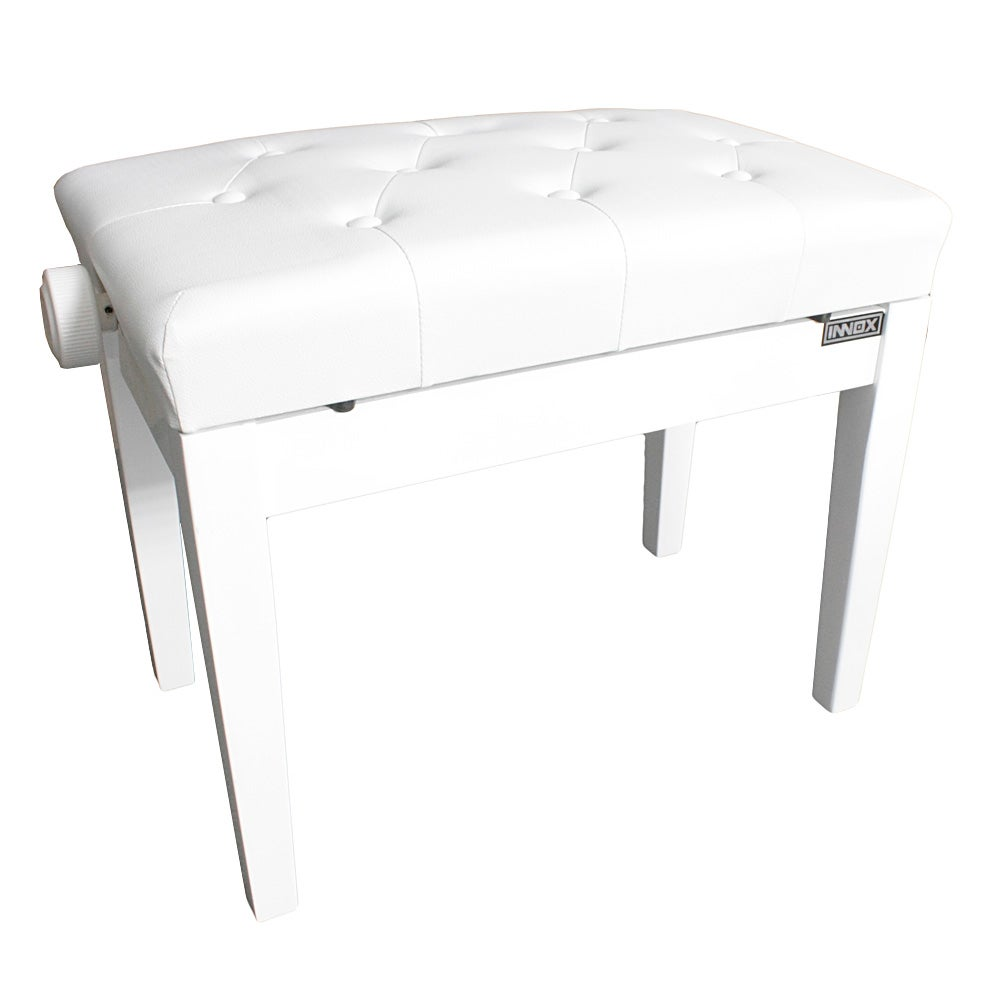 A white piano bench with a tufted seat and a height adjustment knob on the side.