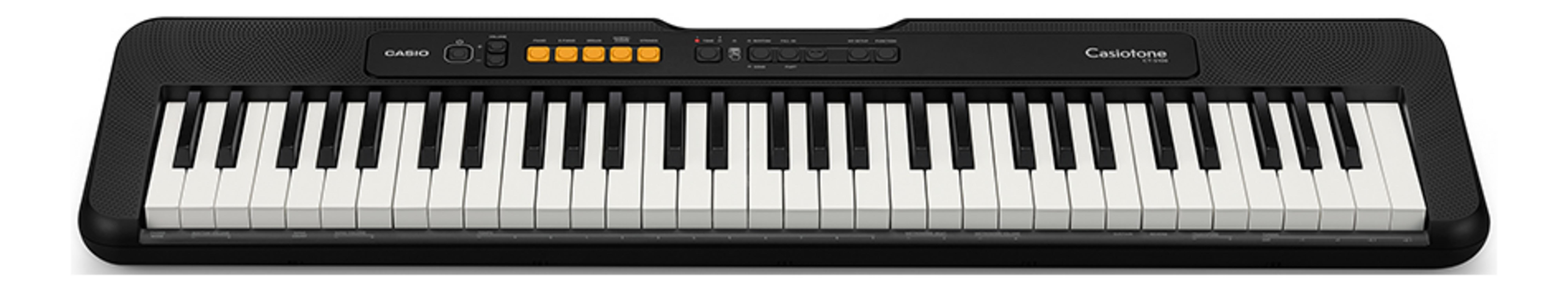 Een zwart Casio Casiotone keyboard met witte en zwarte toetsen.