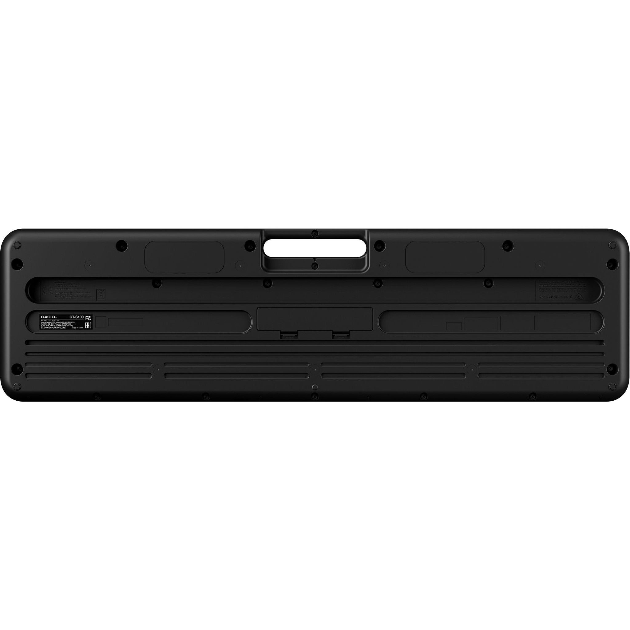 Achterkant van een zwart Casio CT-S100 keyboard met ventilatieopeningen en labels.