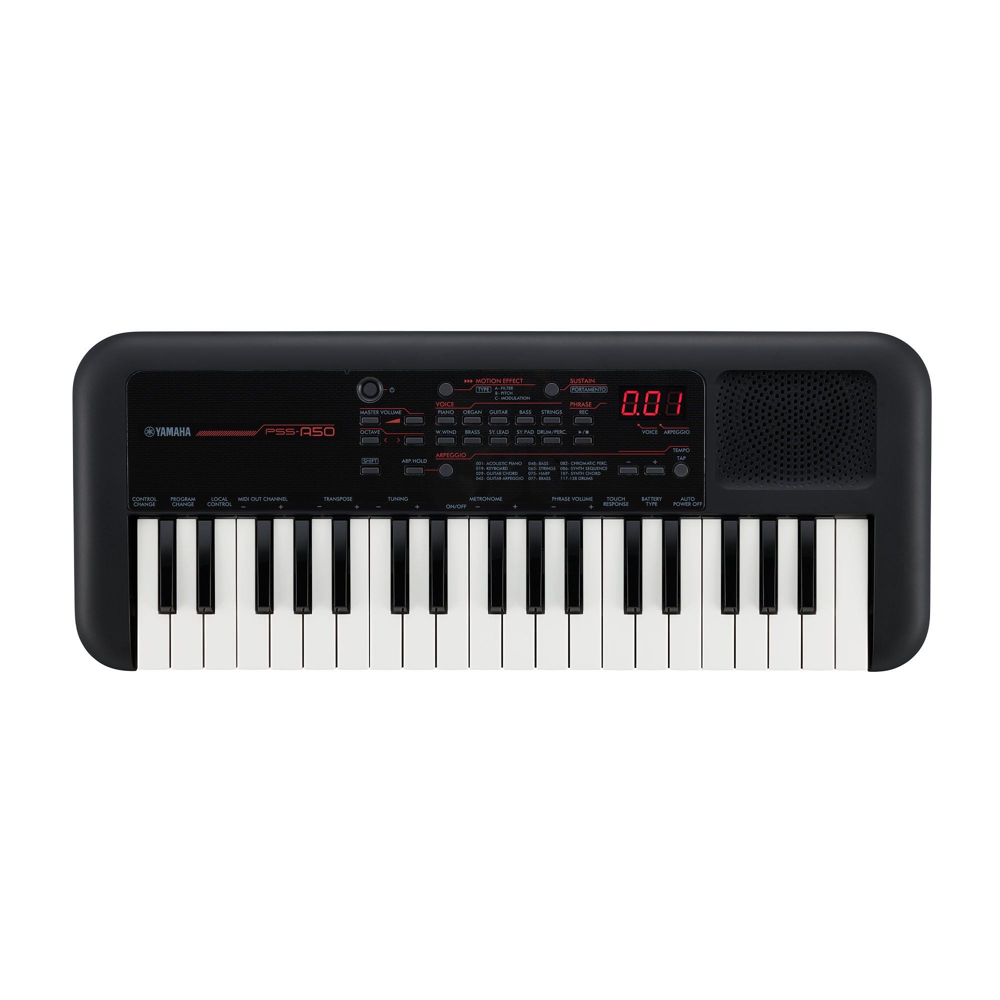 Een zwart Yamaha PSS-A50 keyboard met witte en zwarte toetsen.