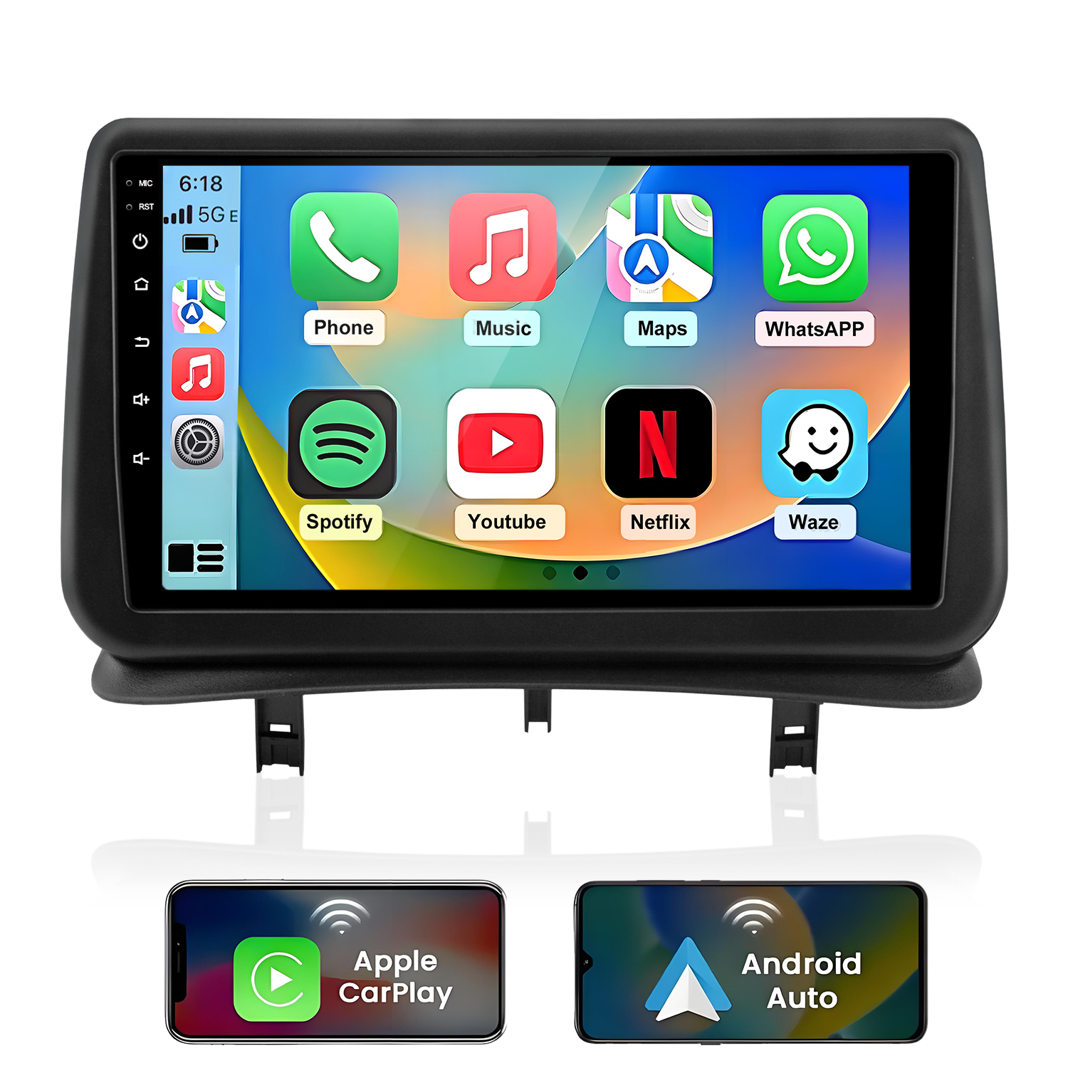 Schermo infotainment auto mostra app Telefono, Musica, Mappe, WhatsApp, Spotify, Youtube, Netflix, Waze.