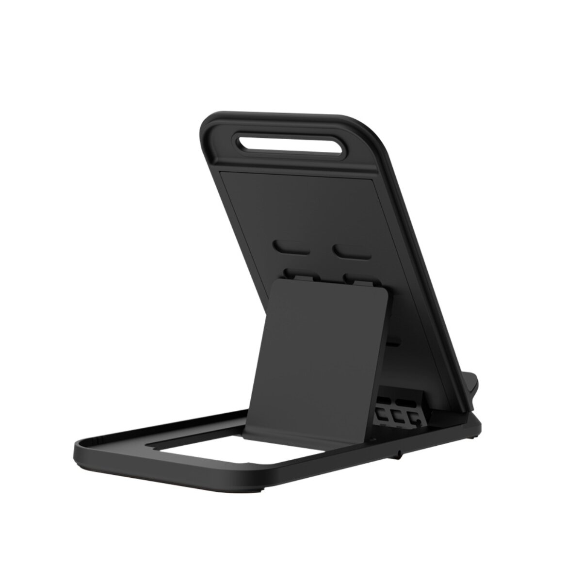 Ein schwarzer, verstellbarer Handy-Ständer auf weißem Hintergrund.
