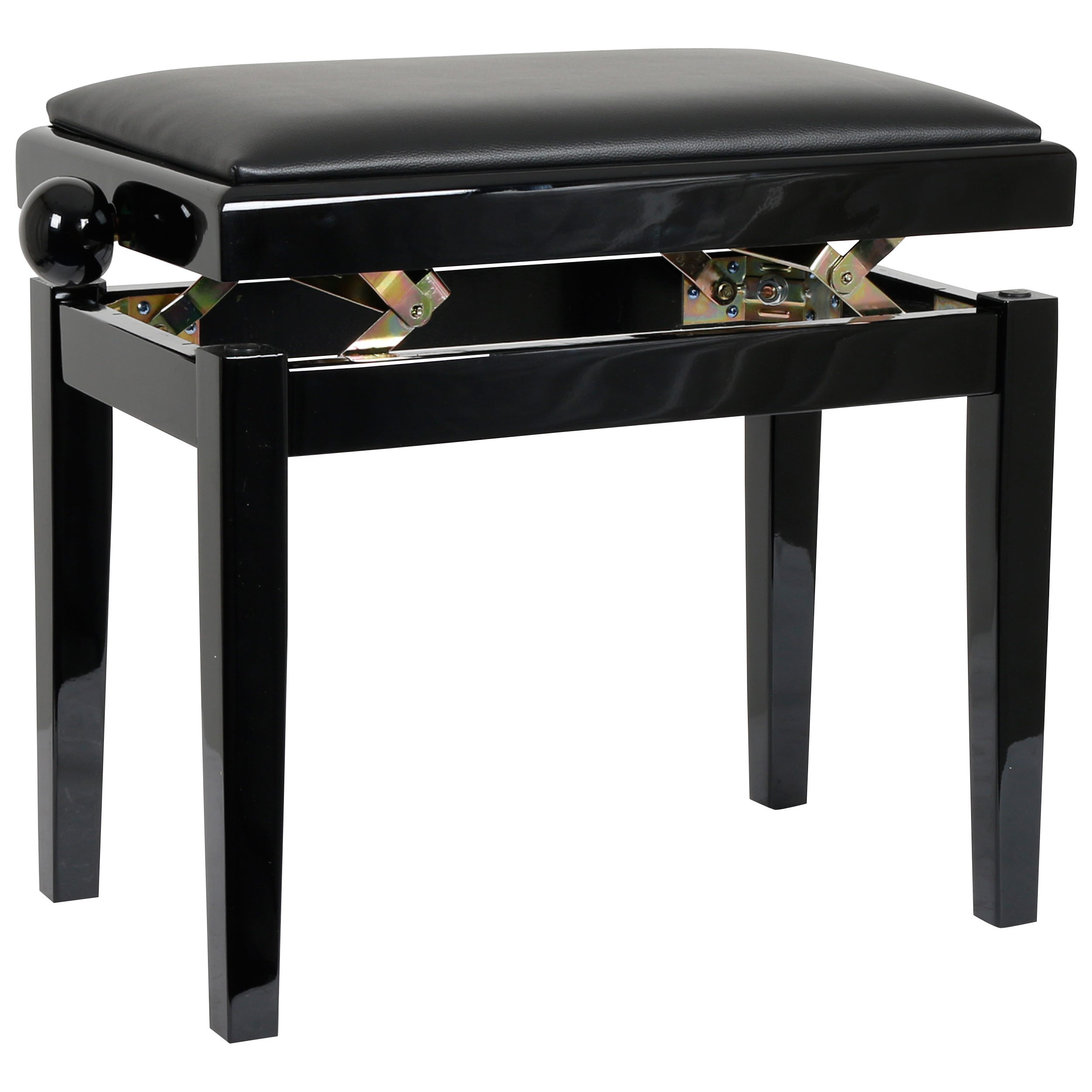 A black, height-adjustable piano bench with a leather seat and metal mechanism.