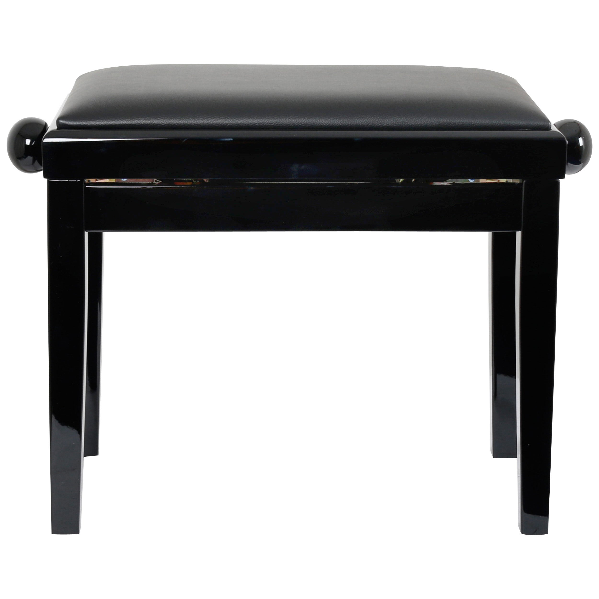 A shiny black piano bench with a padded seat and four legs.
