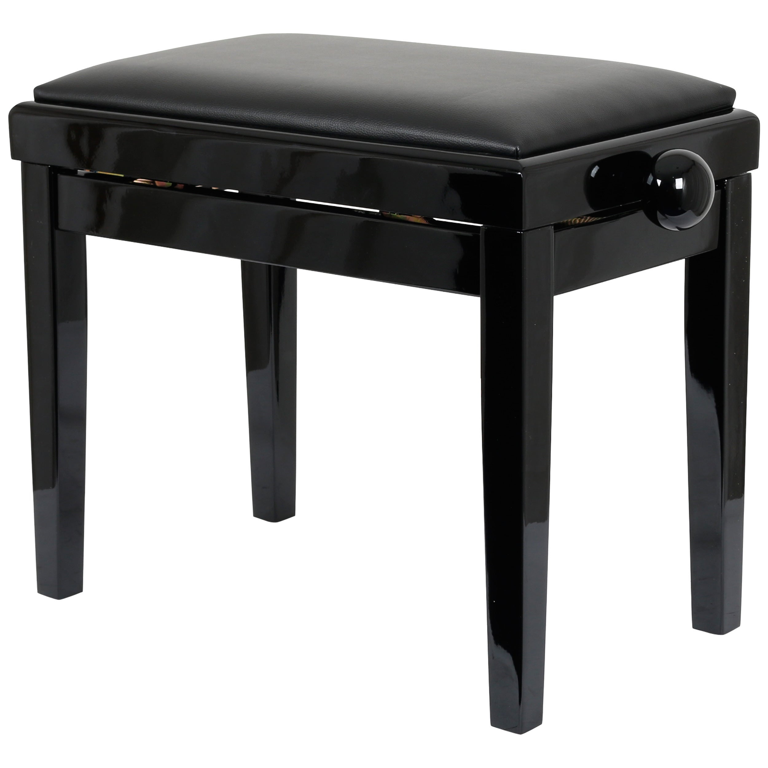 A black piano bench with a padded seat and glossy legs.