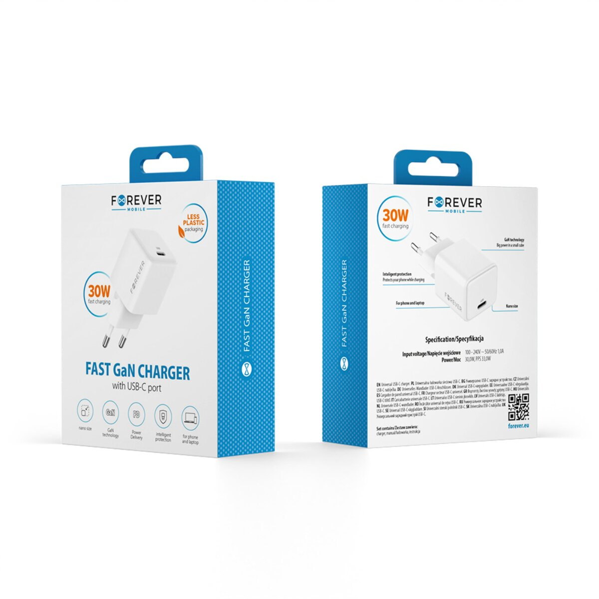 Confezione per caricabatterie GaN USB-C da 30W con due viste, bianco e blu.
