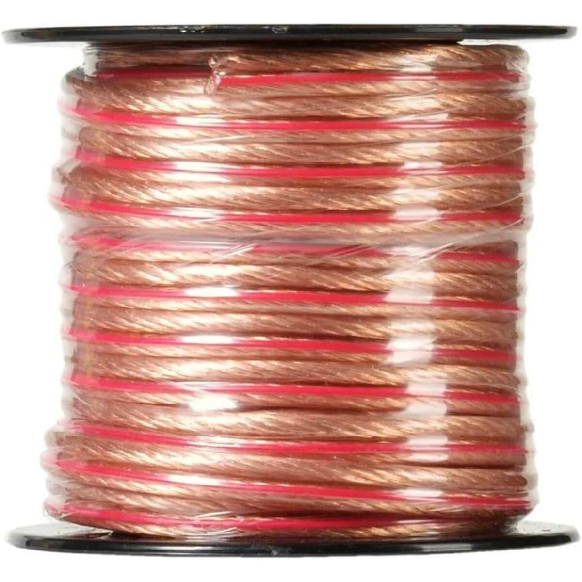 Rolle mit Kupferkabel und roten Streifen, in Plastik eingewickelt.