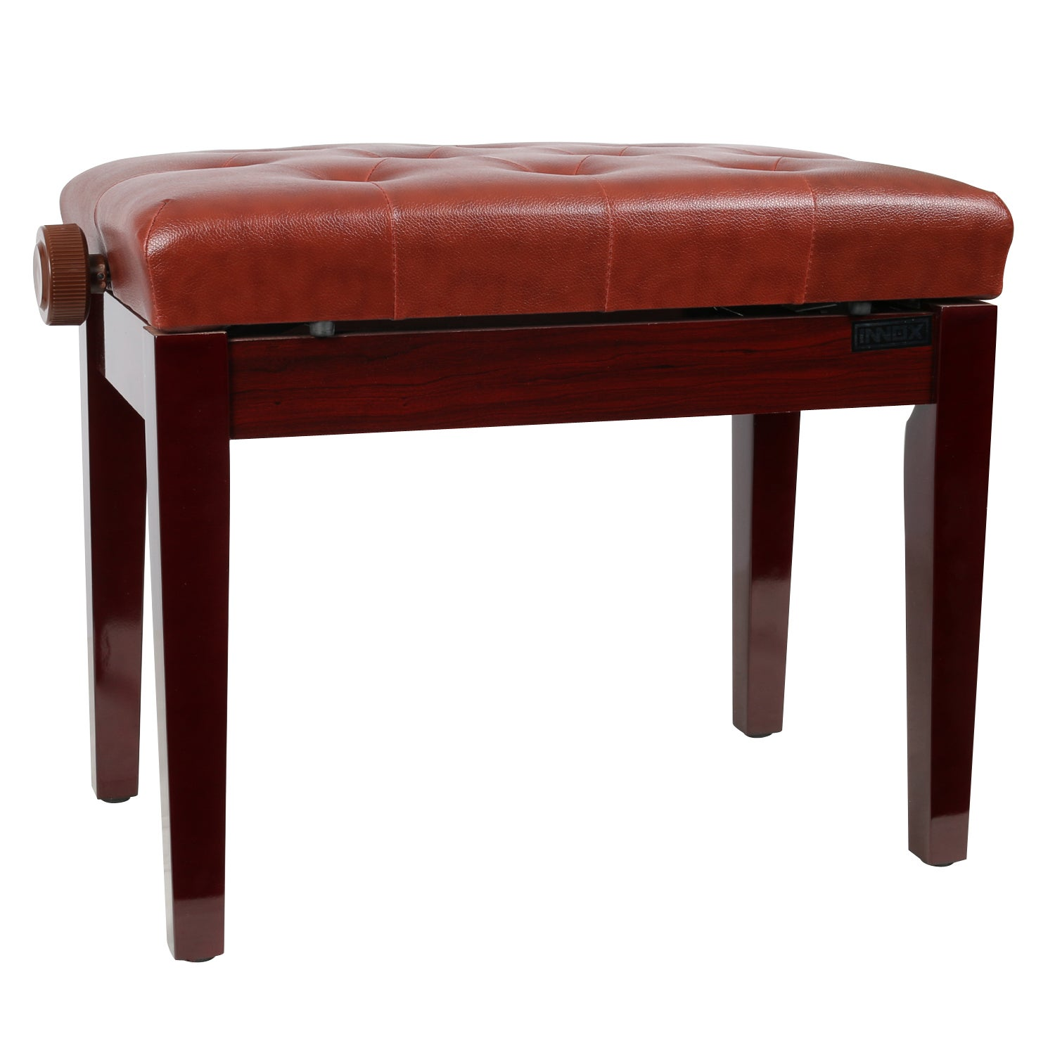 A brown tufted piano bench with a wooden frame and height adjustment knob.