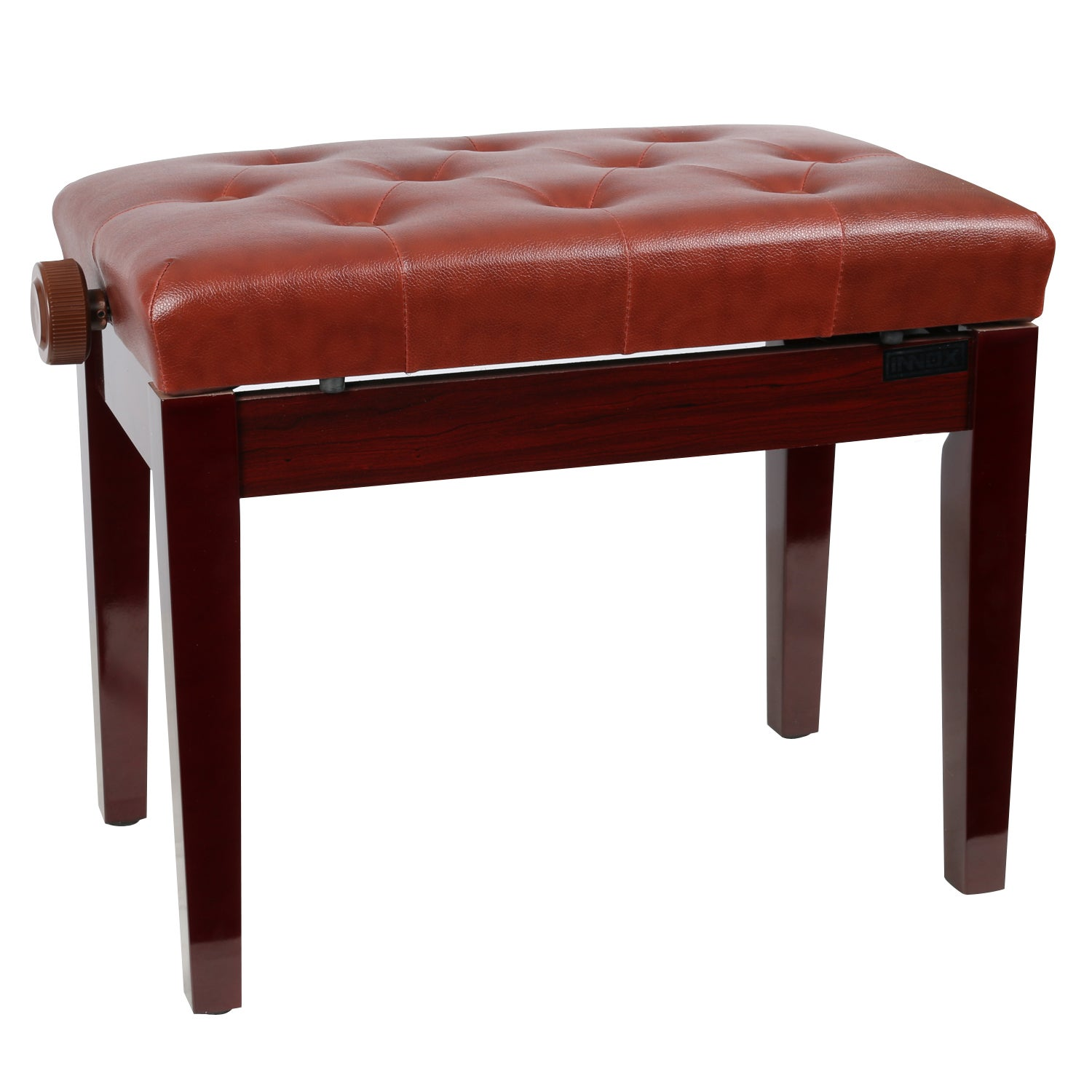 A brown tufted leather piano bench with wooden legs and a height adjustment knob.