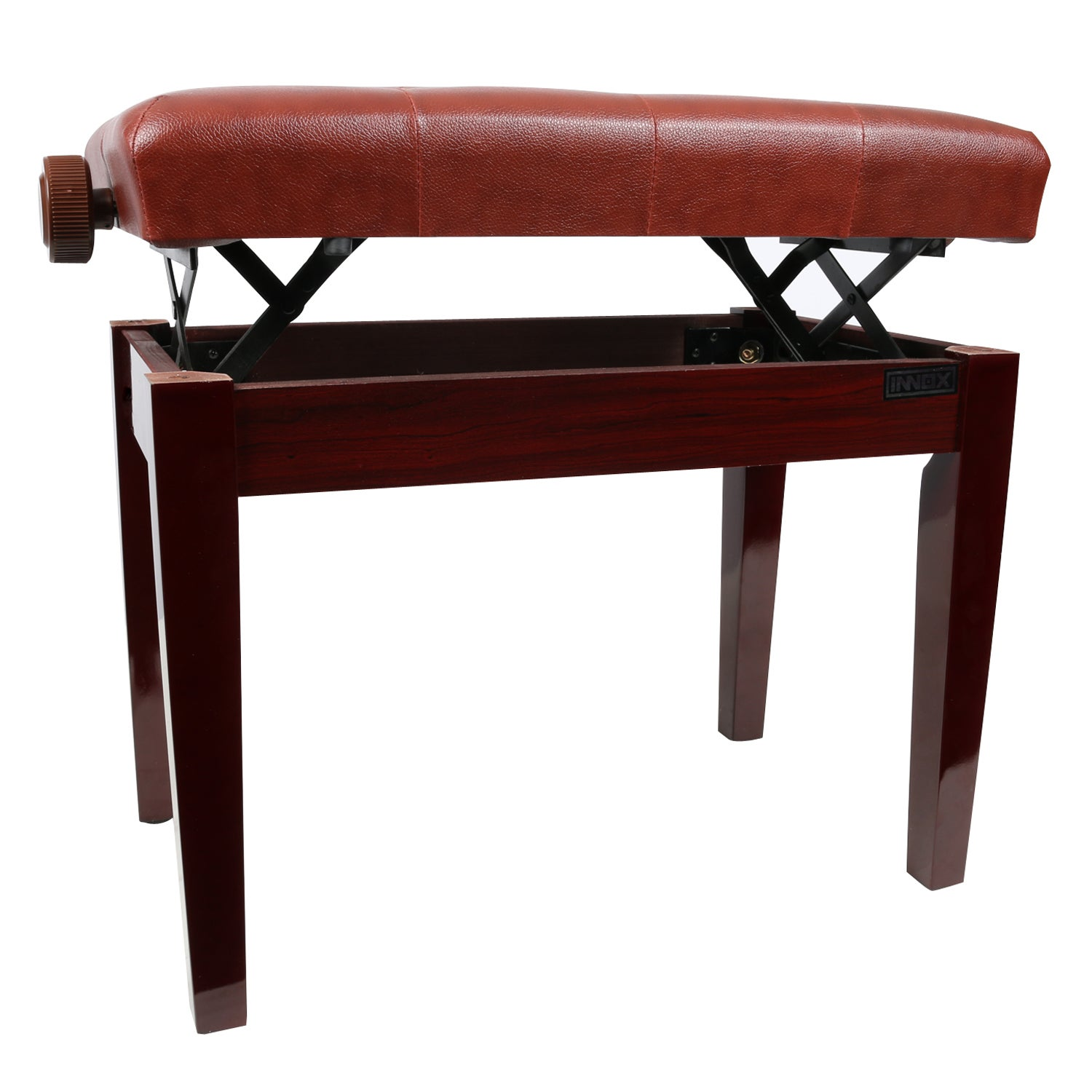 A brown leather piano bench with a metal mechanism and wooden frame.