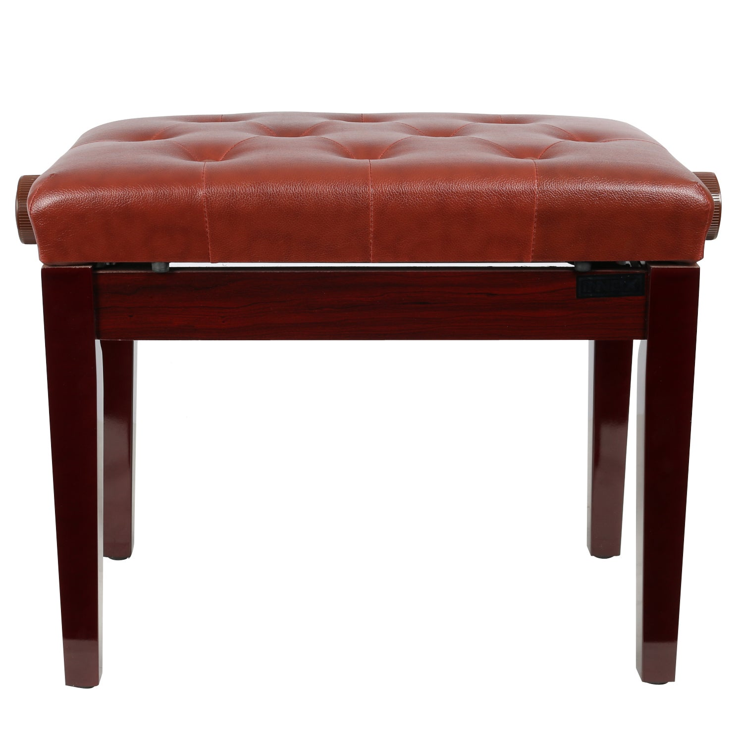 A brown leather stool with a wooden frame and button tufting.