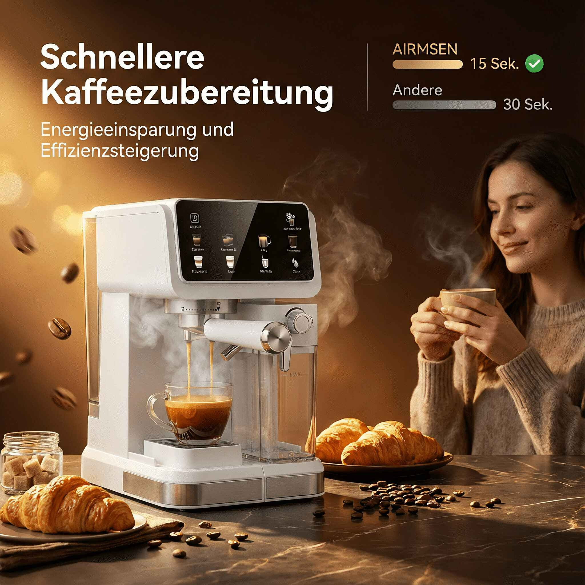 Eine weiße Kaffeemaschine brüht Espresso in eine Tasse, daneben Croissants und Kaffeebohnen.