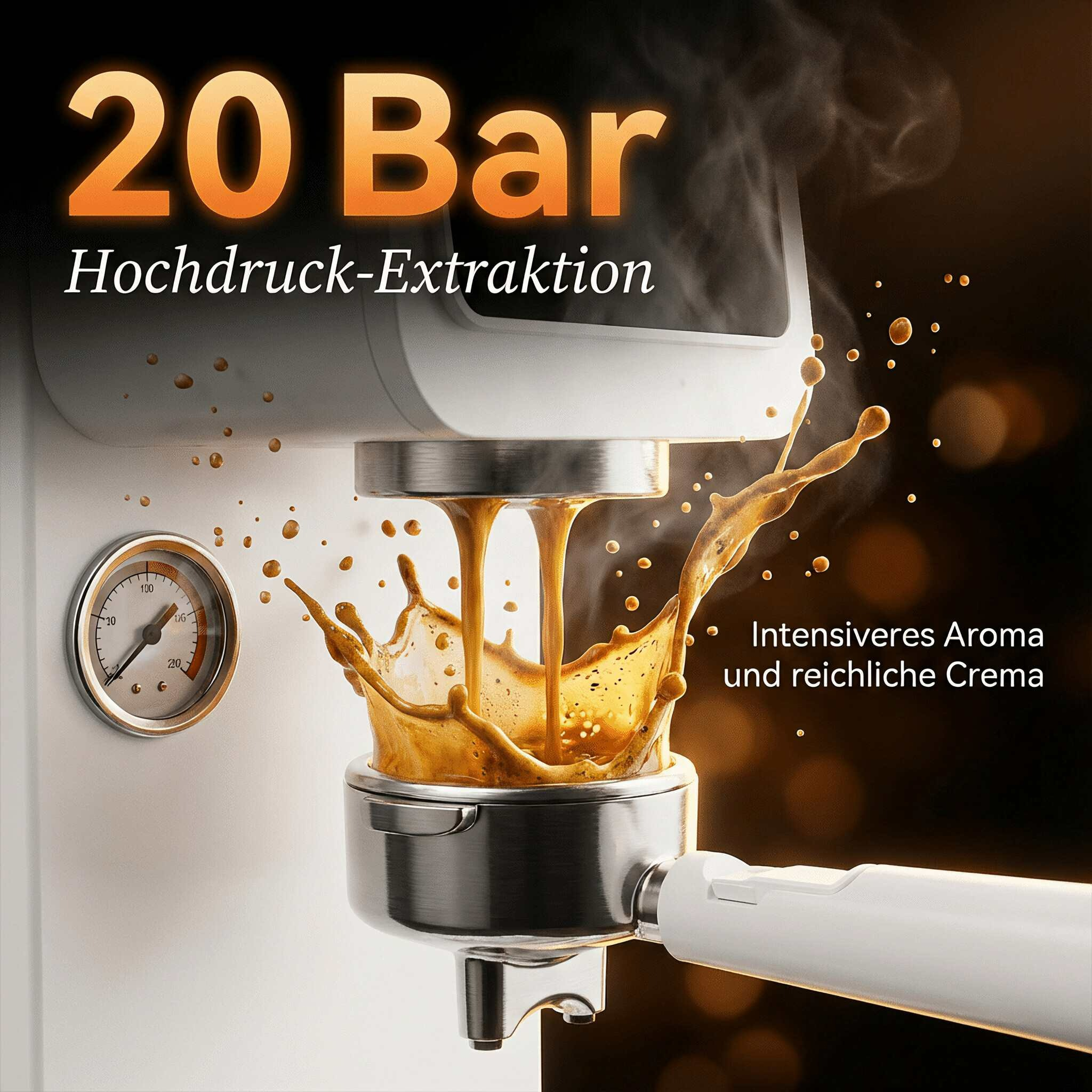 Espressomaschine mit 20 Bar Druck extrahiert Kaffee mit reicher Crema.