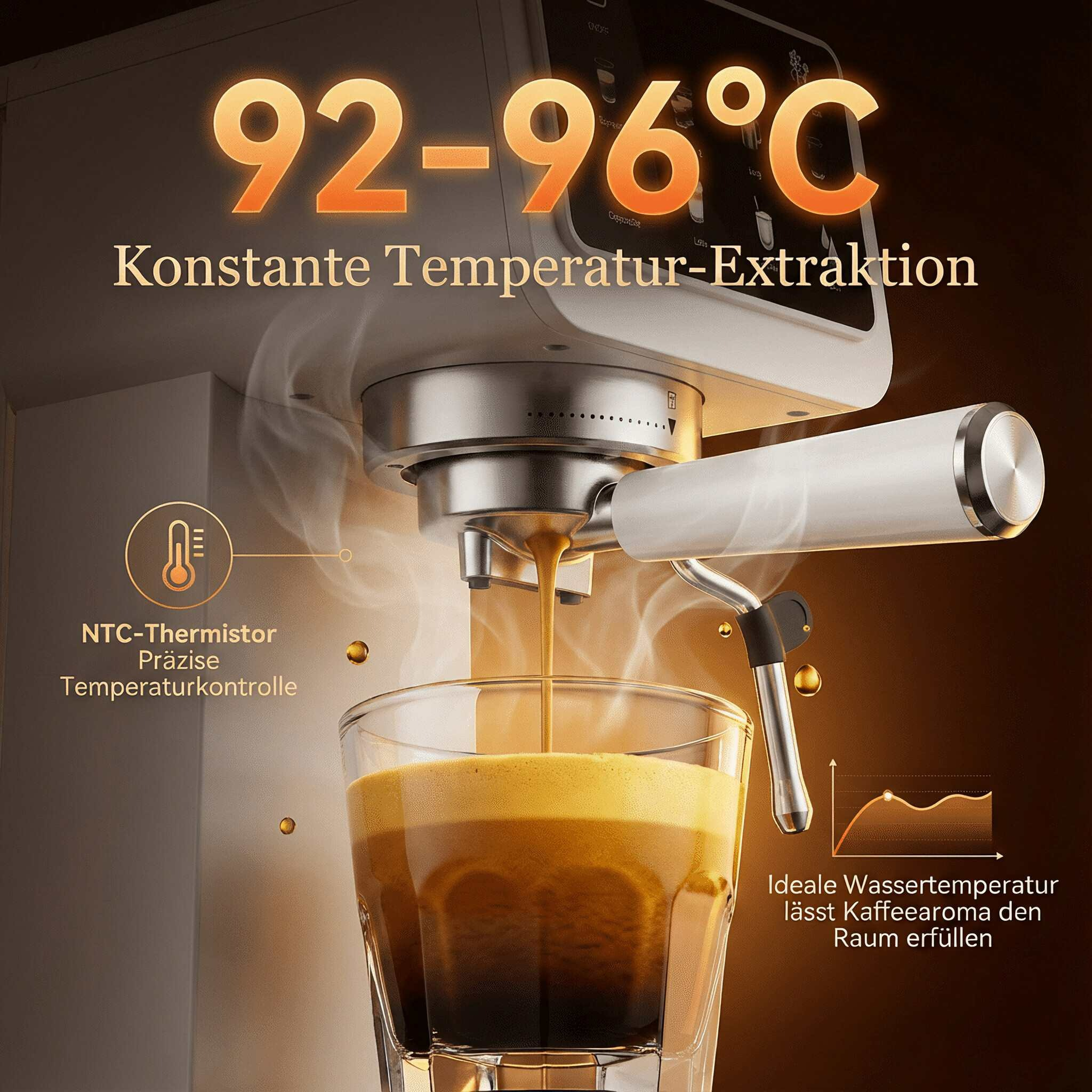 Espressomaschine extrahiert Kaffee bei 92-96°C. Präzise Temperaturkontrolle.