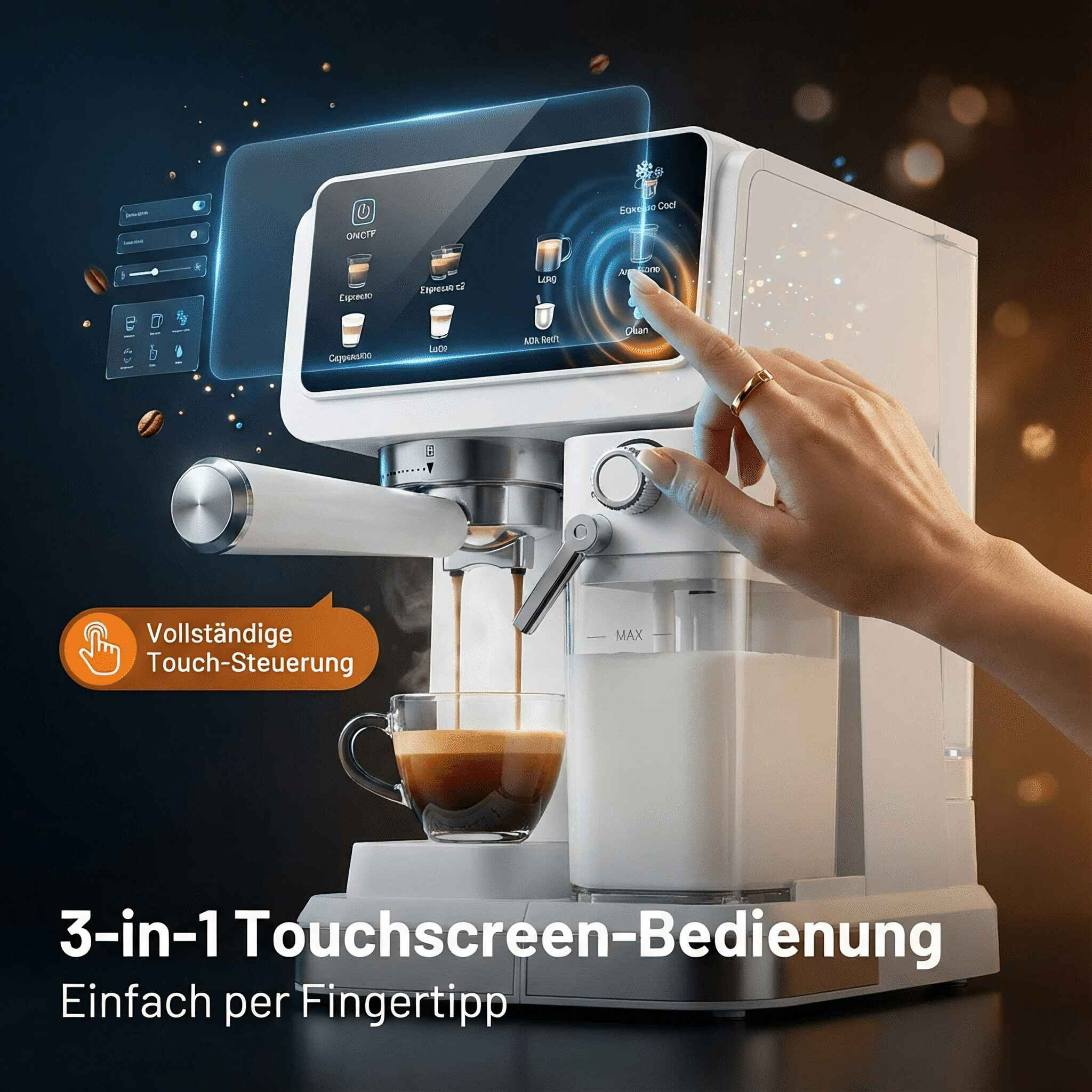 Eine weiße Kaffeemaschine mit Touchscreen-Bedienung brüht Espresso in eine Tasse.