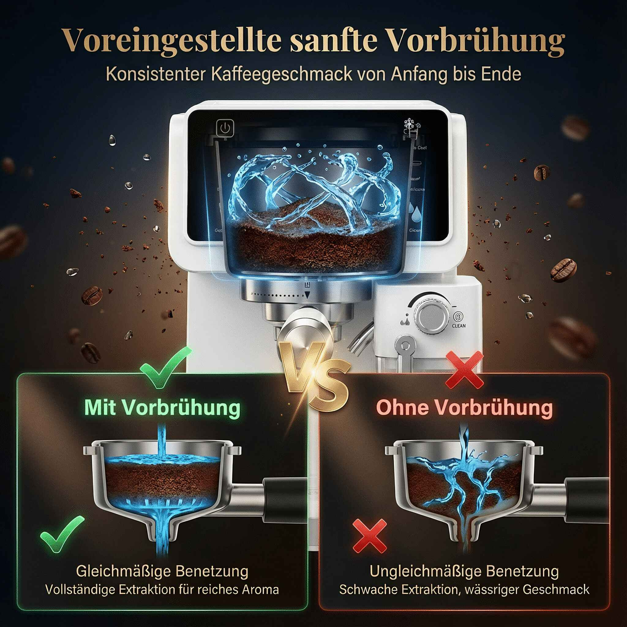 Kaffeemaschine mit und ohne Vorbrühung: gleichmäßige vs. ungleichmäßige Benetzung.