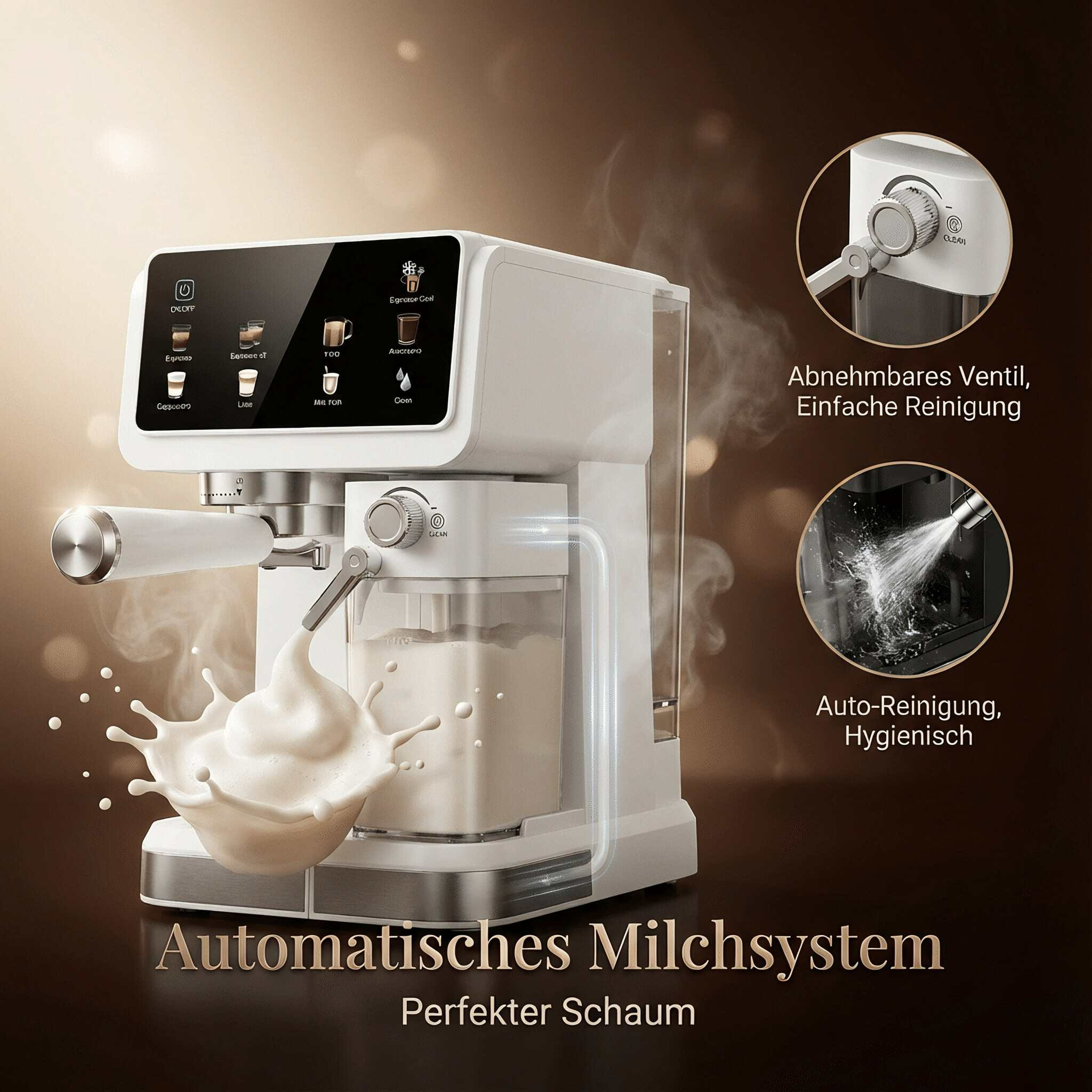 Weiße Kaffeemaschine mit automatischer Milchfunktion und Schaumsprühstrahl.