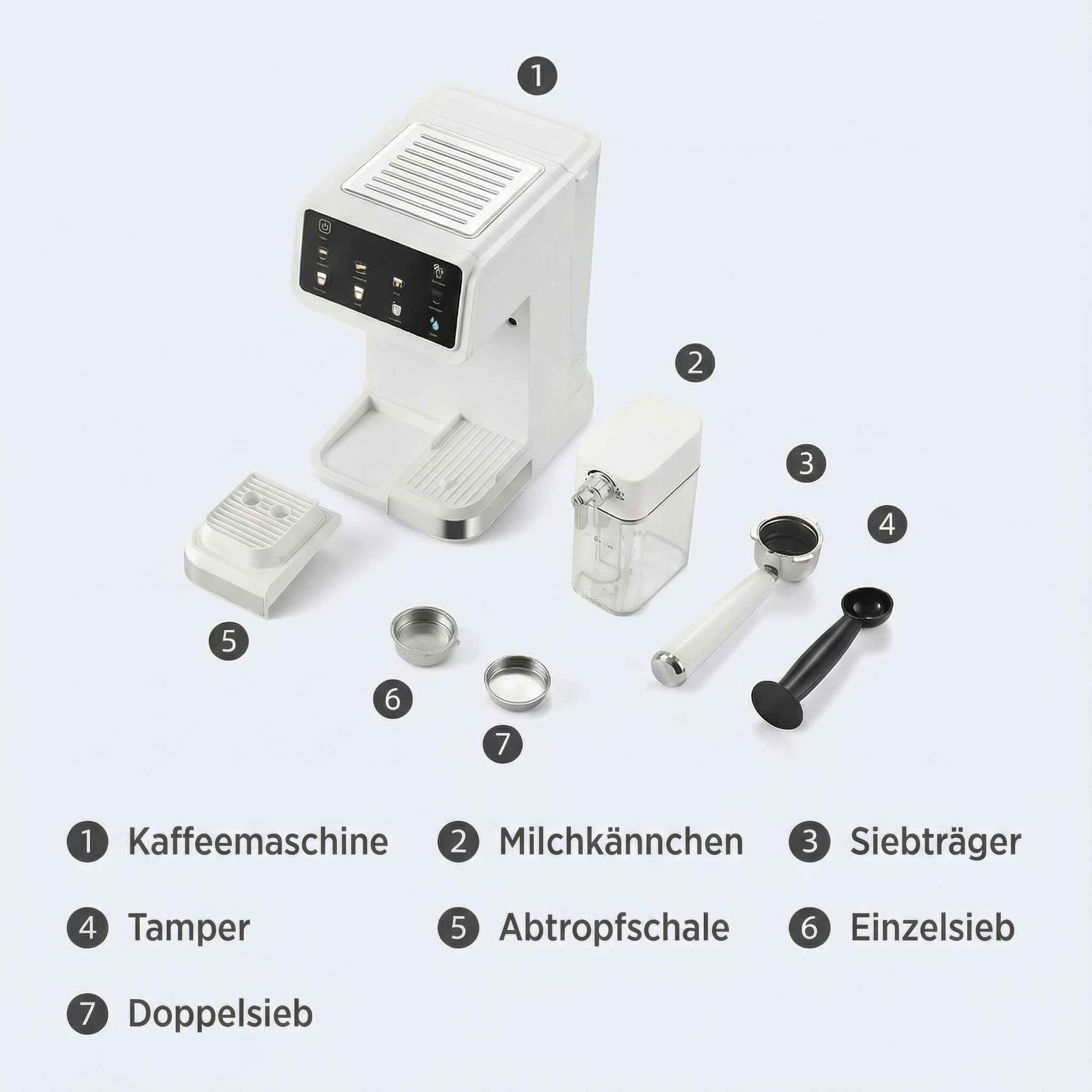 Weiße Kaffeemaschine mit Zubehör: Milchkännchen, Siebträger, Tamper, Siebe.