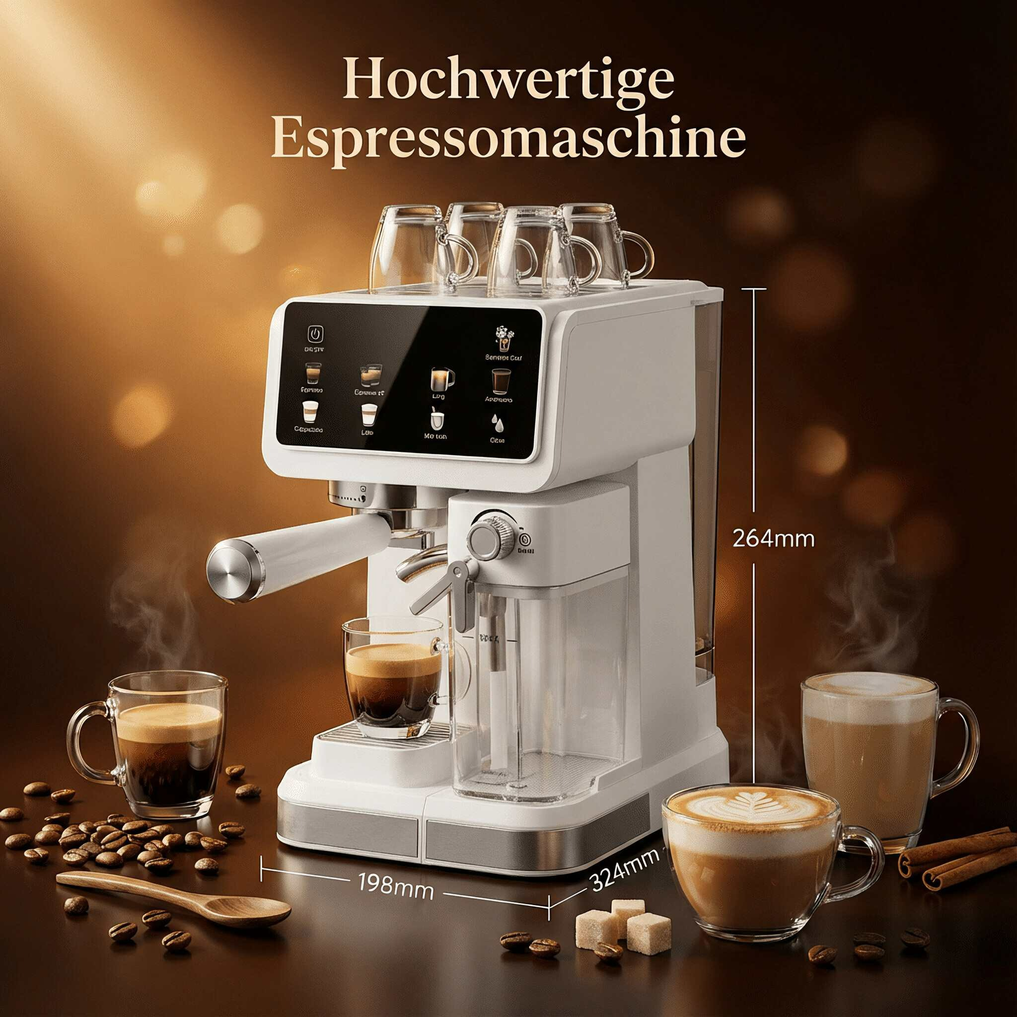 Weiße Espressomaschine mit Glasbechern, Kaffeebohnen und Zimtstangen.