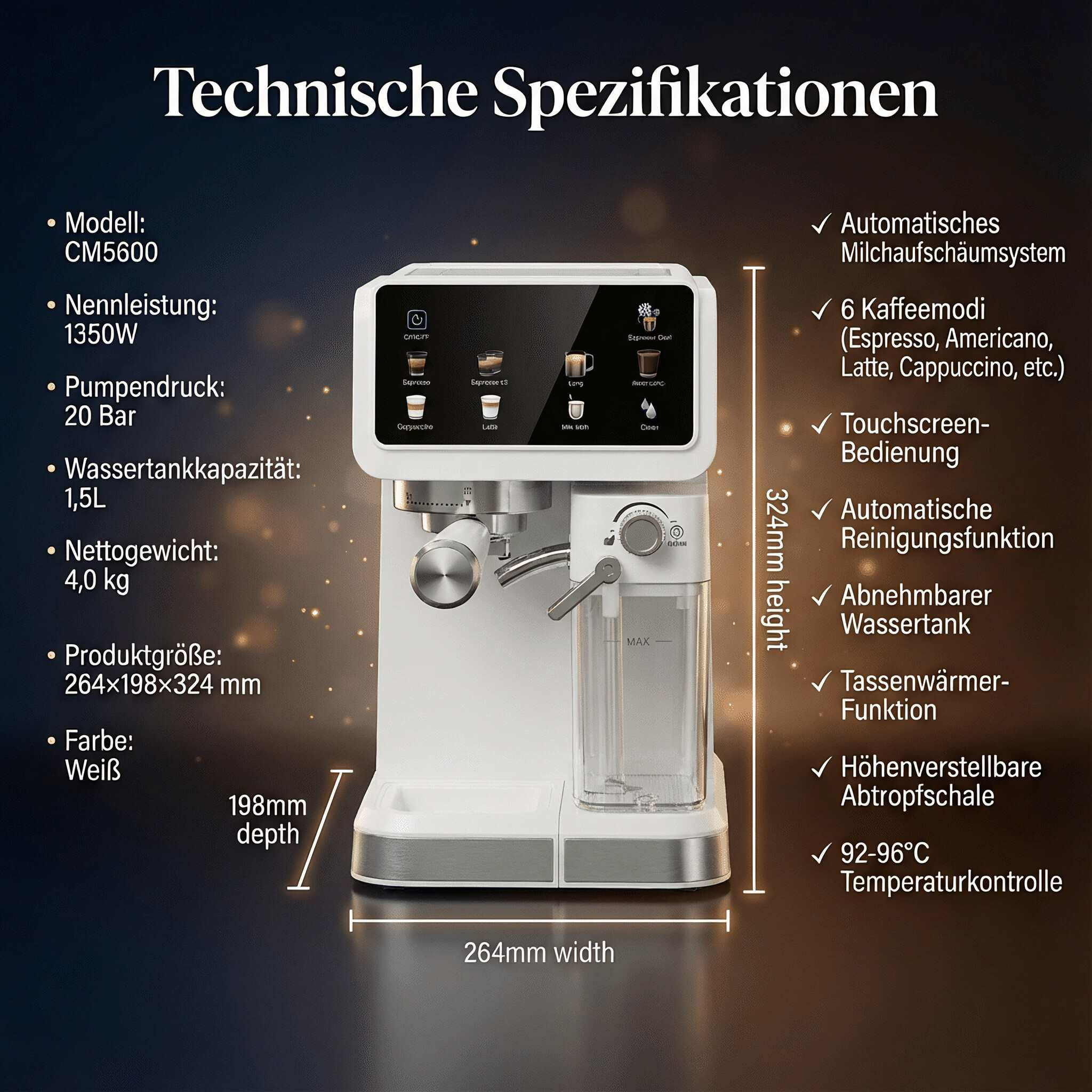 Weiße Kaffeemaschine mit Touchscreen und vielen Funktionen.