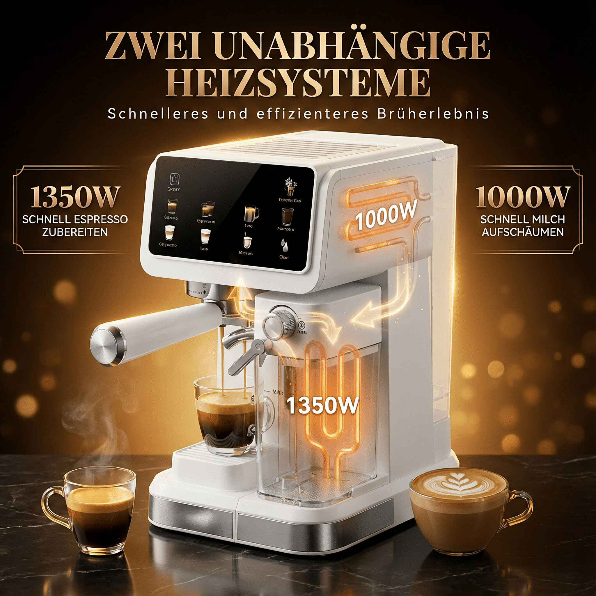 Eine weiße Kaffeemaschine mit zwei Tassen Kaffee, eine davon mit Milchschaum.